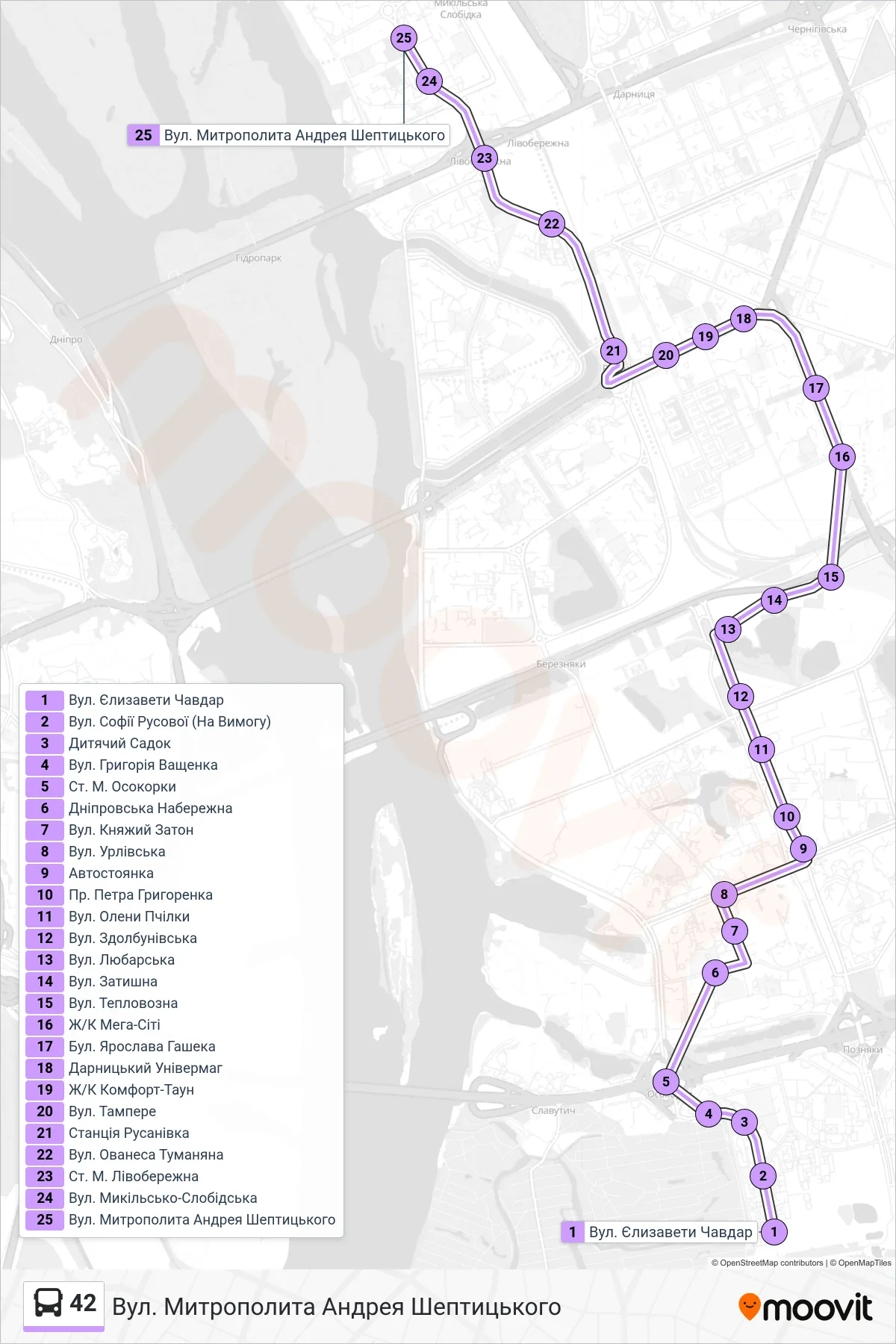 42 bus Line (Metropolitan Andrey Sheptytsky St) route and stops on a map