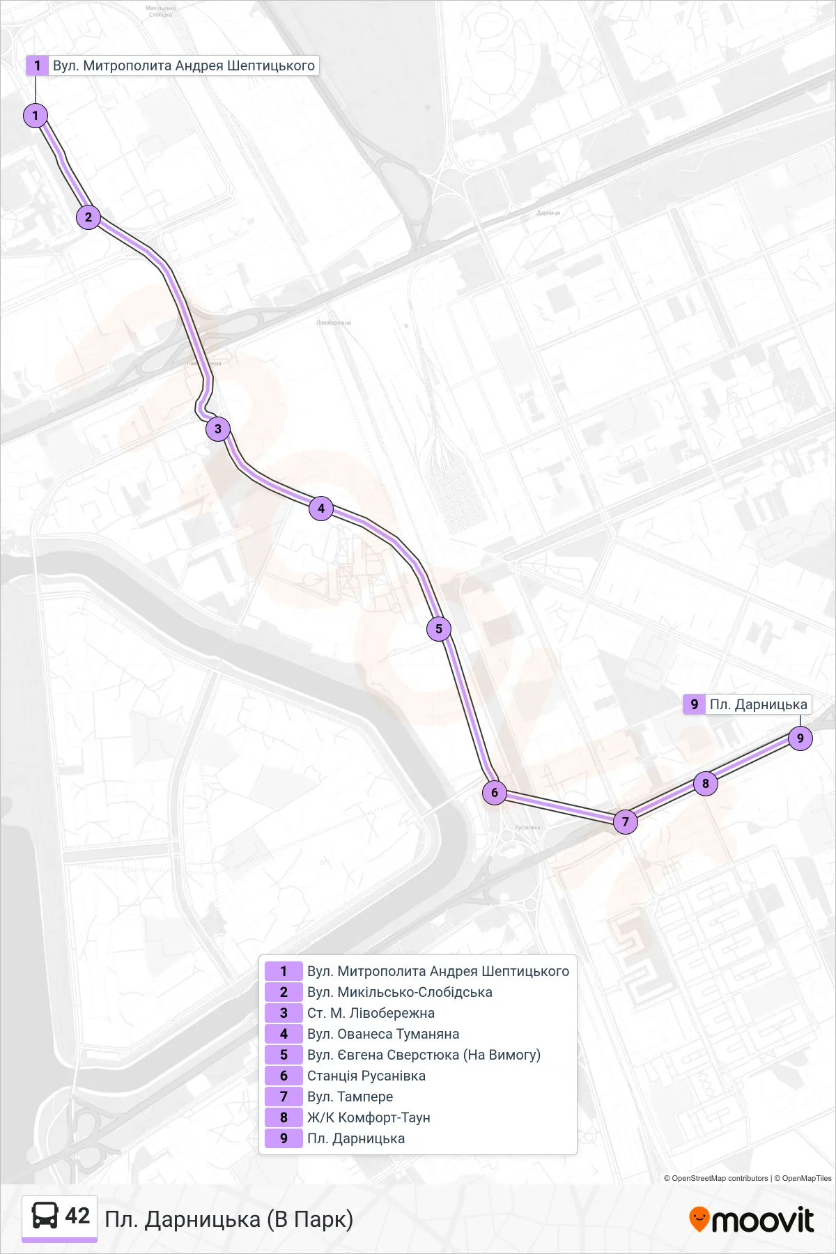 42 bus Line (Darnytska Square (To Park)) route and stops on a map