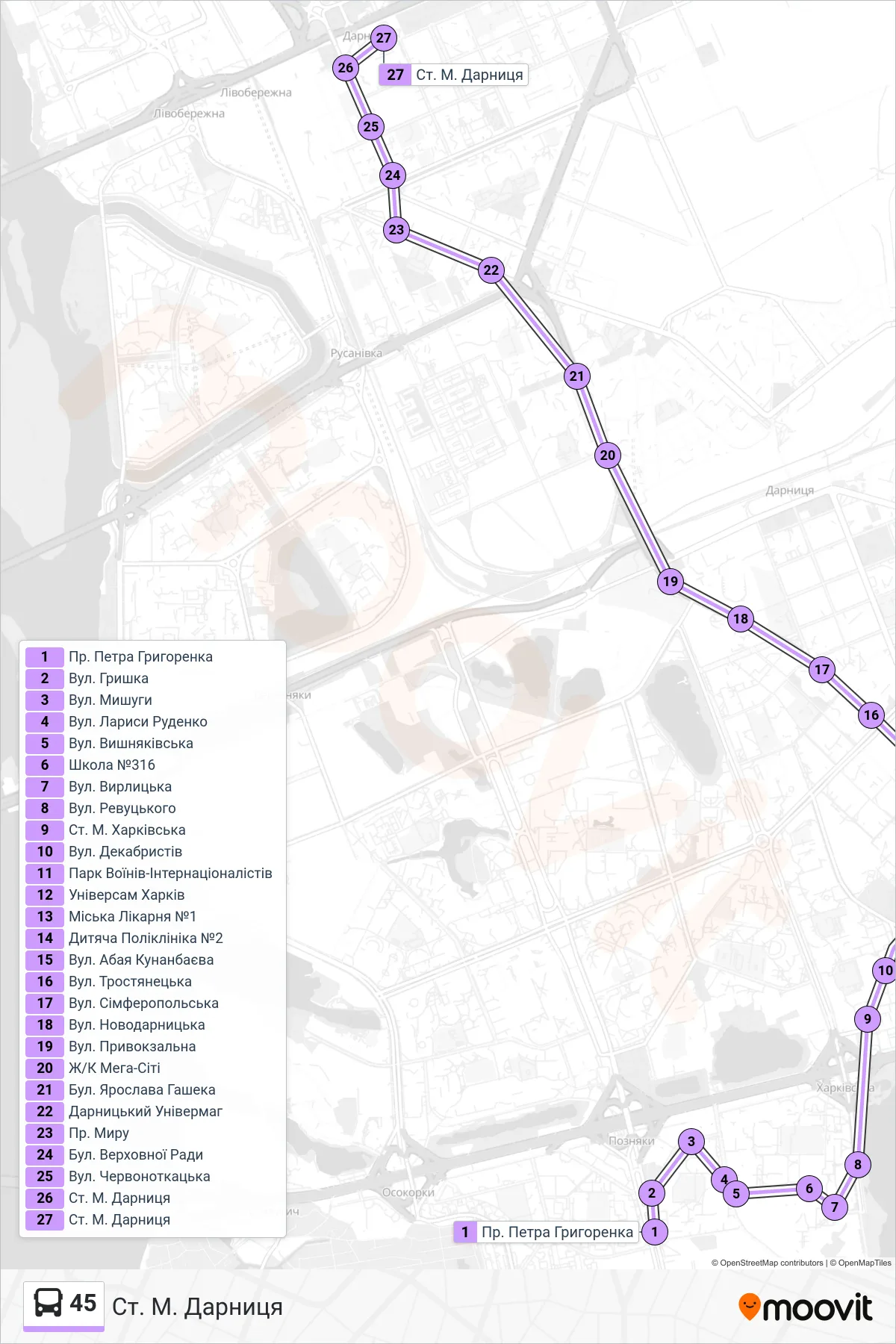 45 bus Line (Darnitsa Metro Station) route and stops on a map