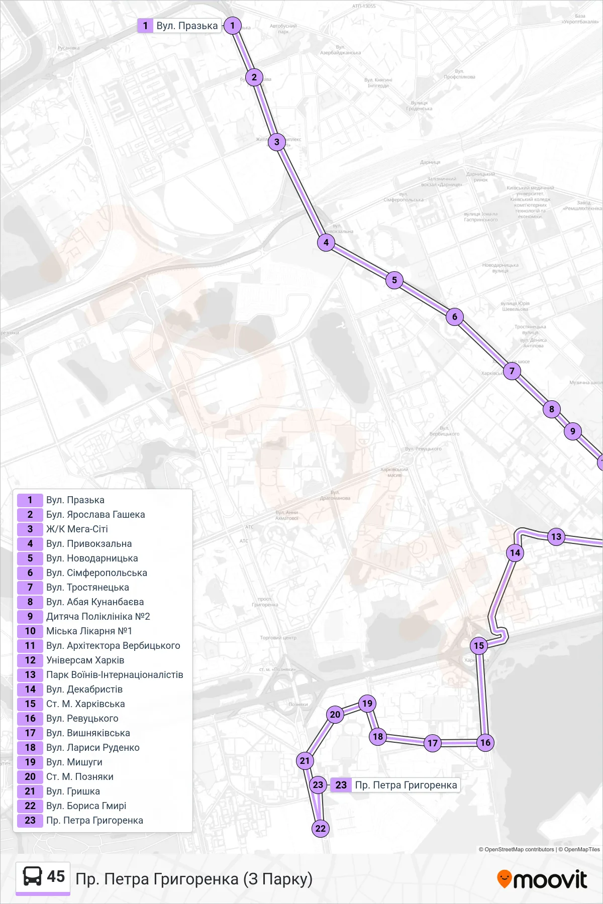 45 bus Line (Petra Hryhorenka Ave (From Park)) route and stops on a map