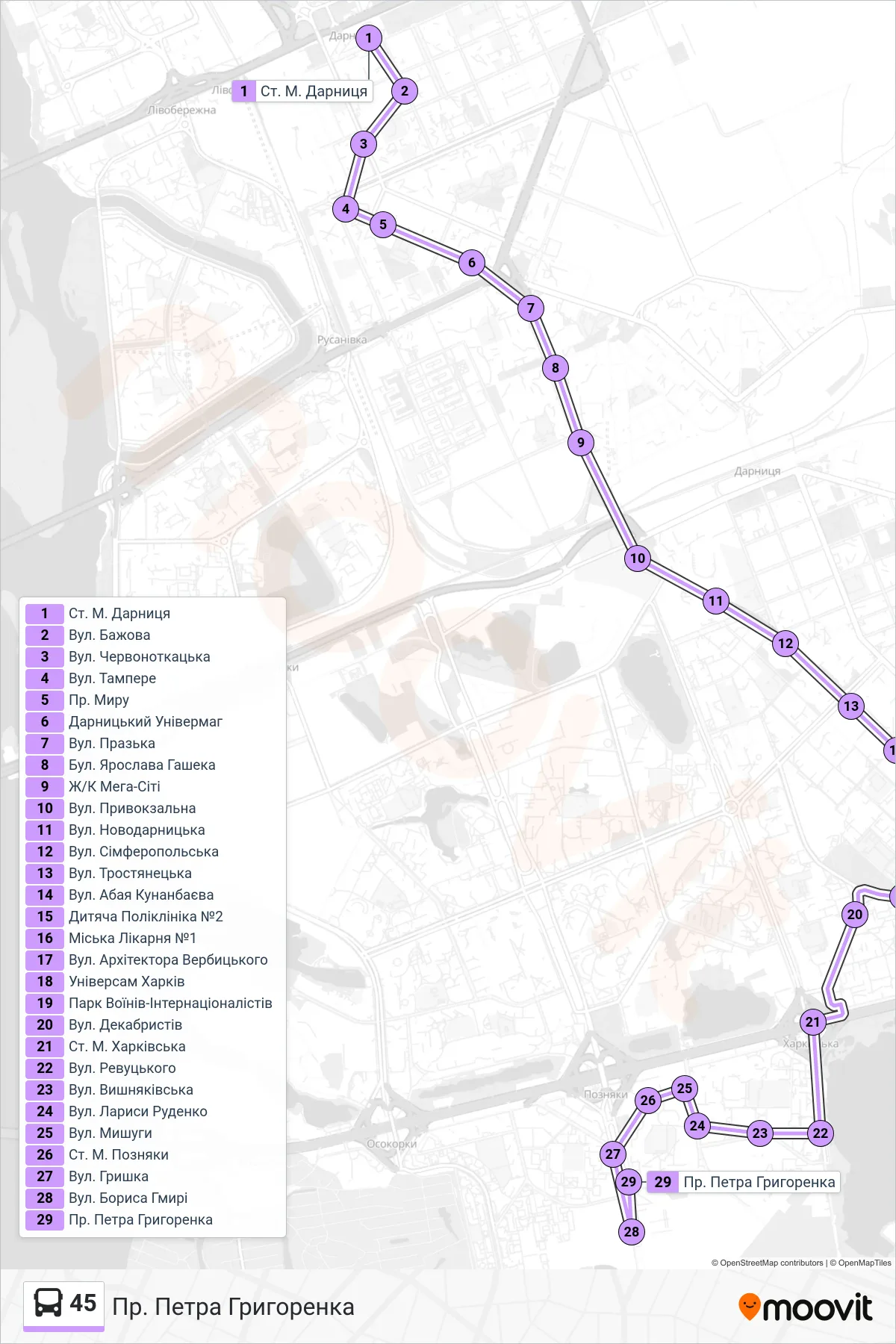 45 bus Line (Petra Hryhorenka Ave) route and stops on a map