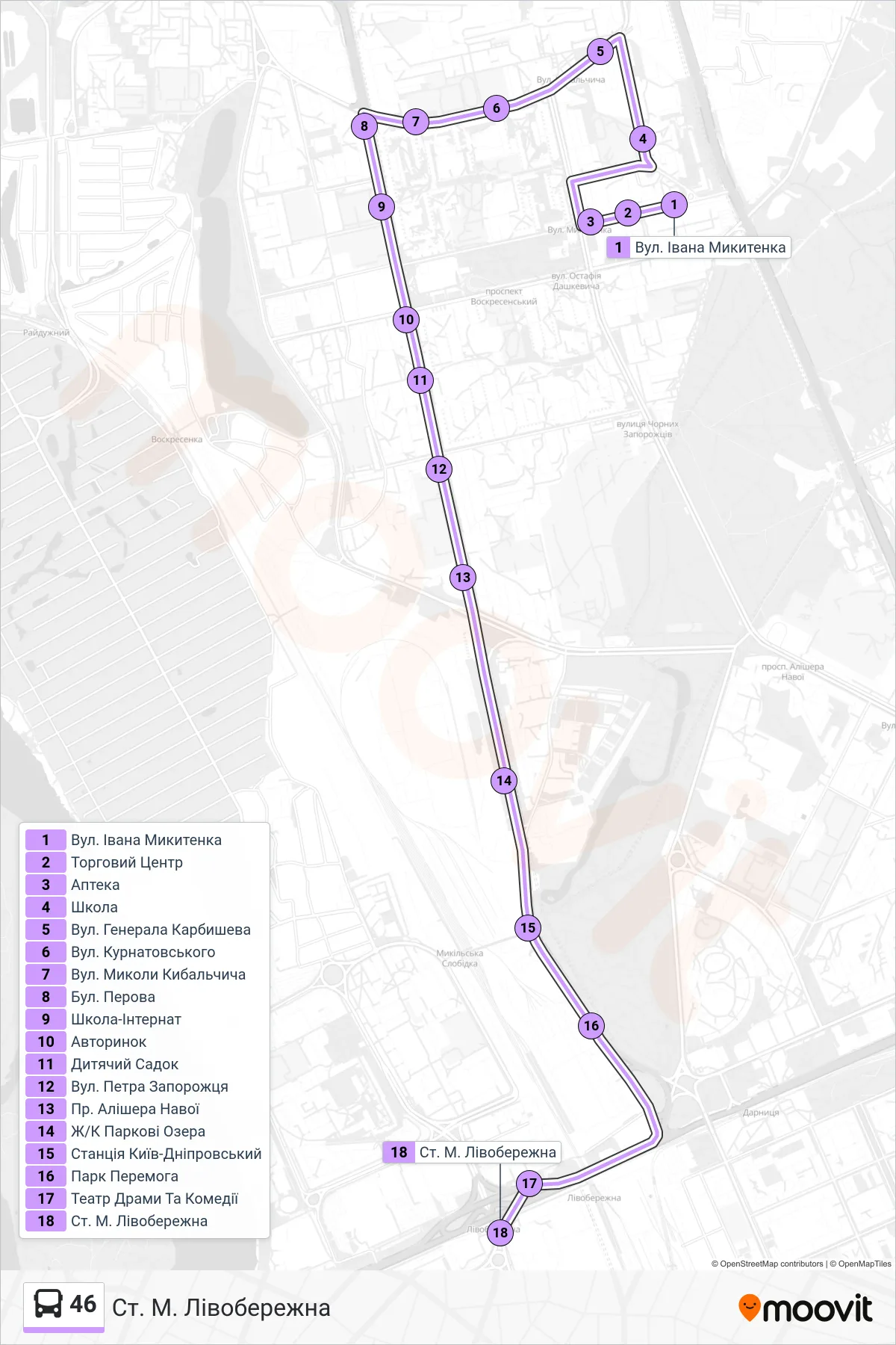 46 bus Line (Livoberezhna Metro Station) route and stops on a map