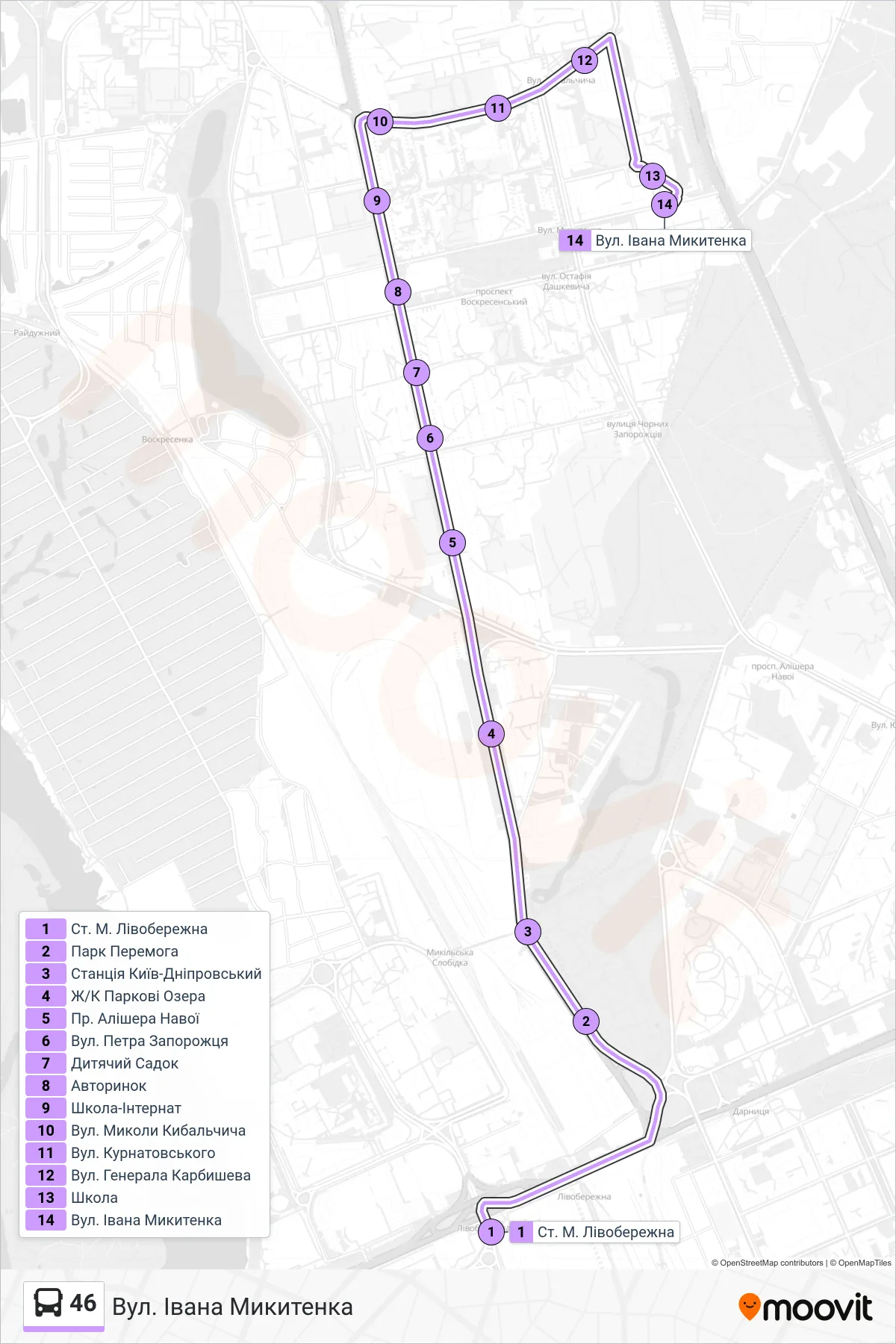 46 bus Line (Ivana Mykytenka St) route and stops on a map