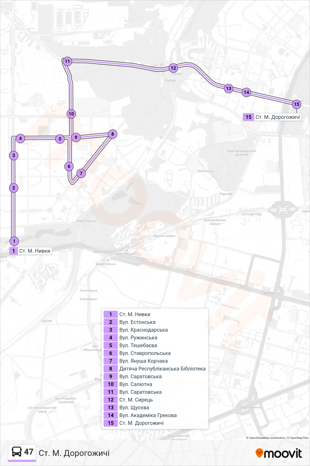 47 bus Line (Dorohozhychi Metro Station) route and stops on a map