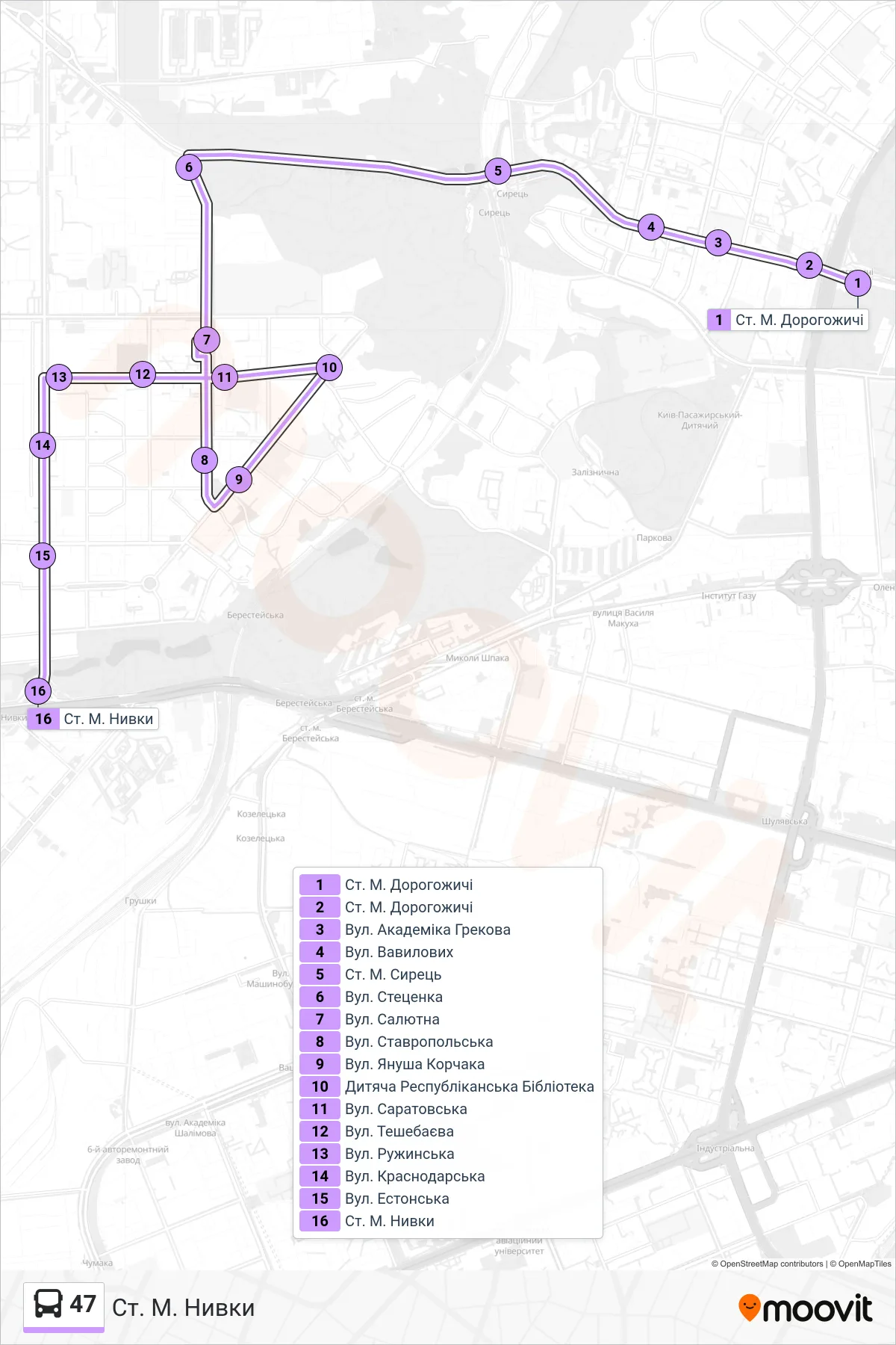 47 bus Line (Nyvky Metro Station) route and stops on a map
