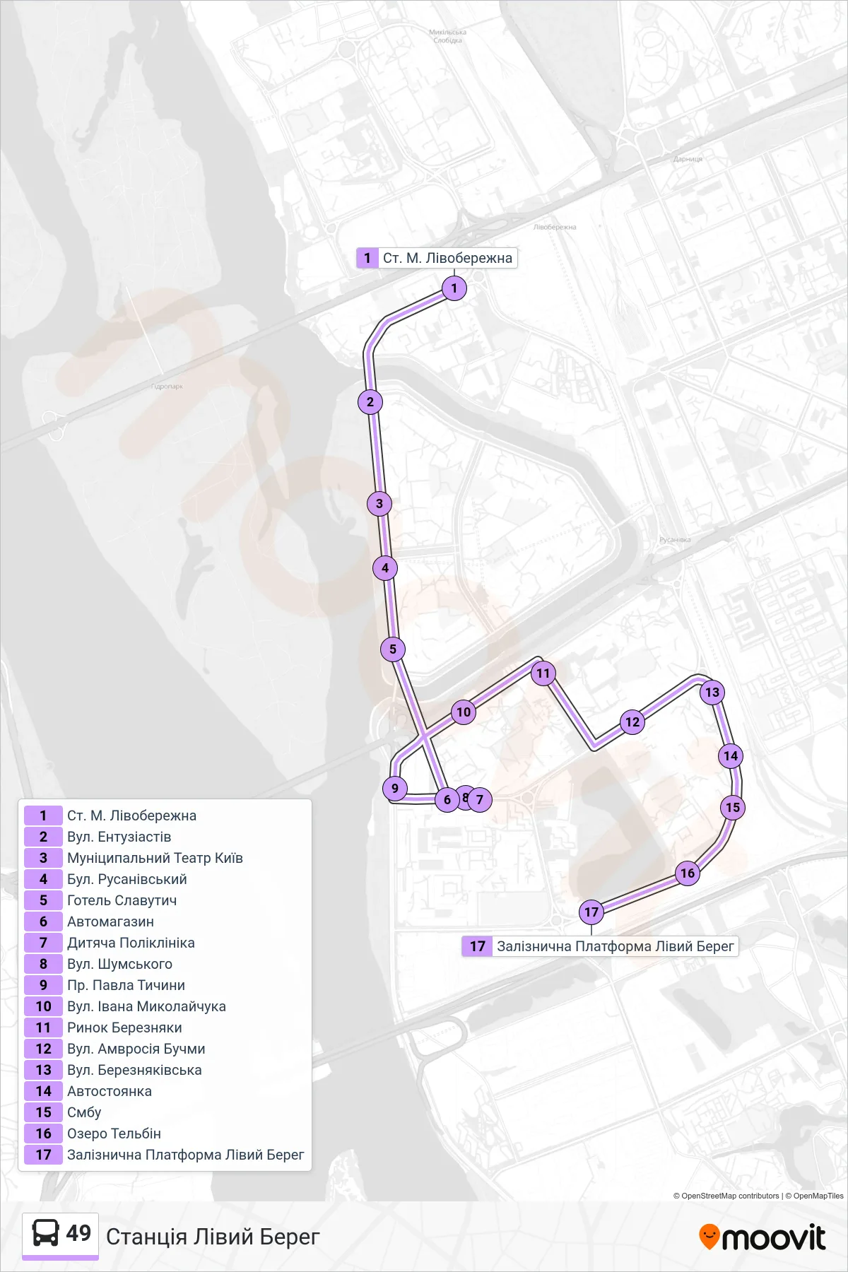 49 bus Line (Left Bank Station) route and stops on a map