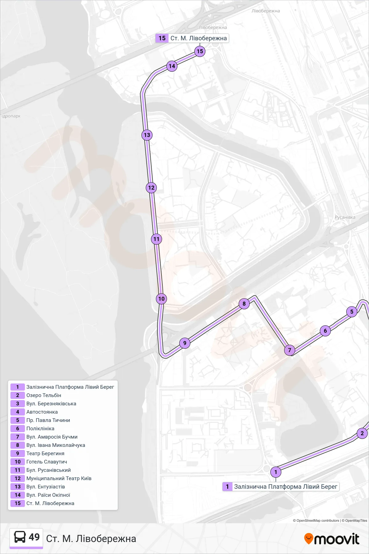 49 bus Line (Livoberezhna Metro Station) route and stops on a map