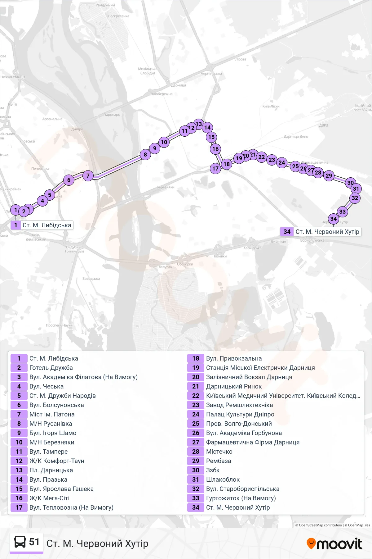 51 bus Line (Chervonyi Khutir Metro Station) route and stops on a map