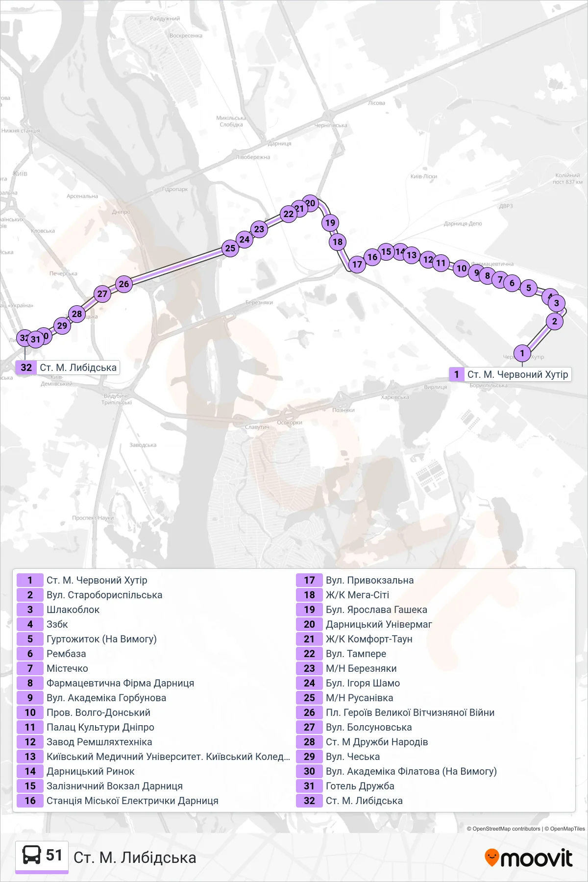 51 bus Line (Lybidska Metro Station) route and stops on a map