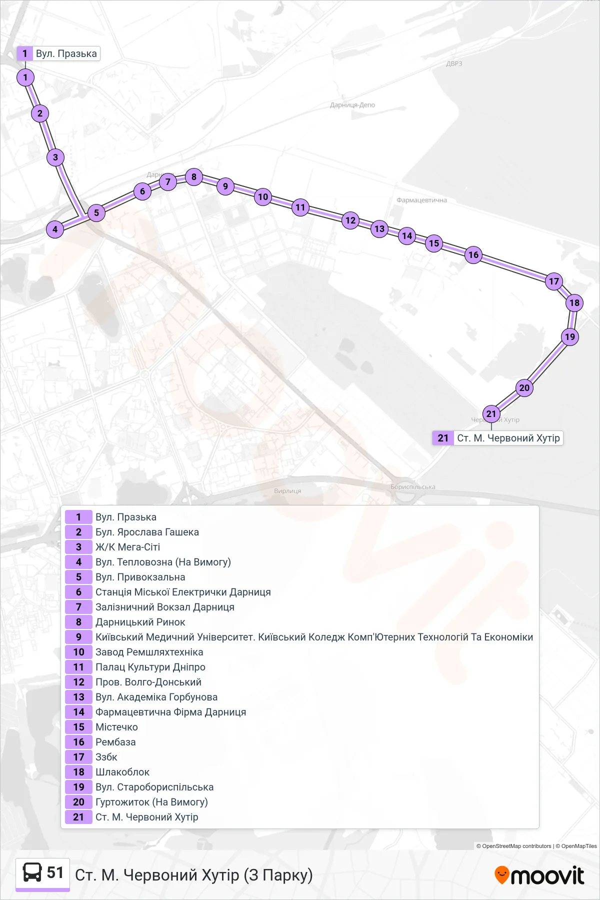 51 bus Line (Chervony Khutir Metro Station (From Park)) route and stops on a map