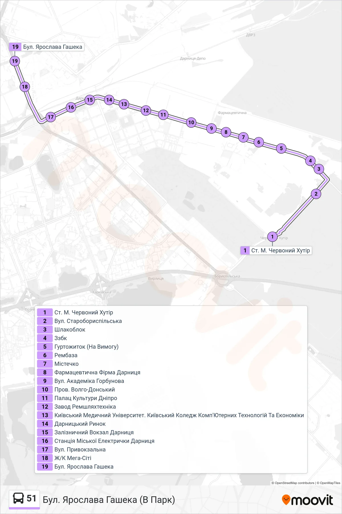 51 bus Line (Yaroslava Hasheka Blvd (To Park)) route and stops on a map