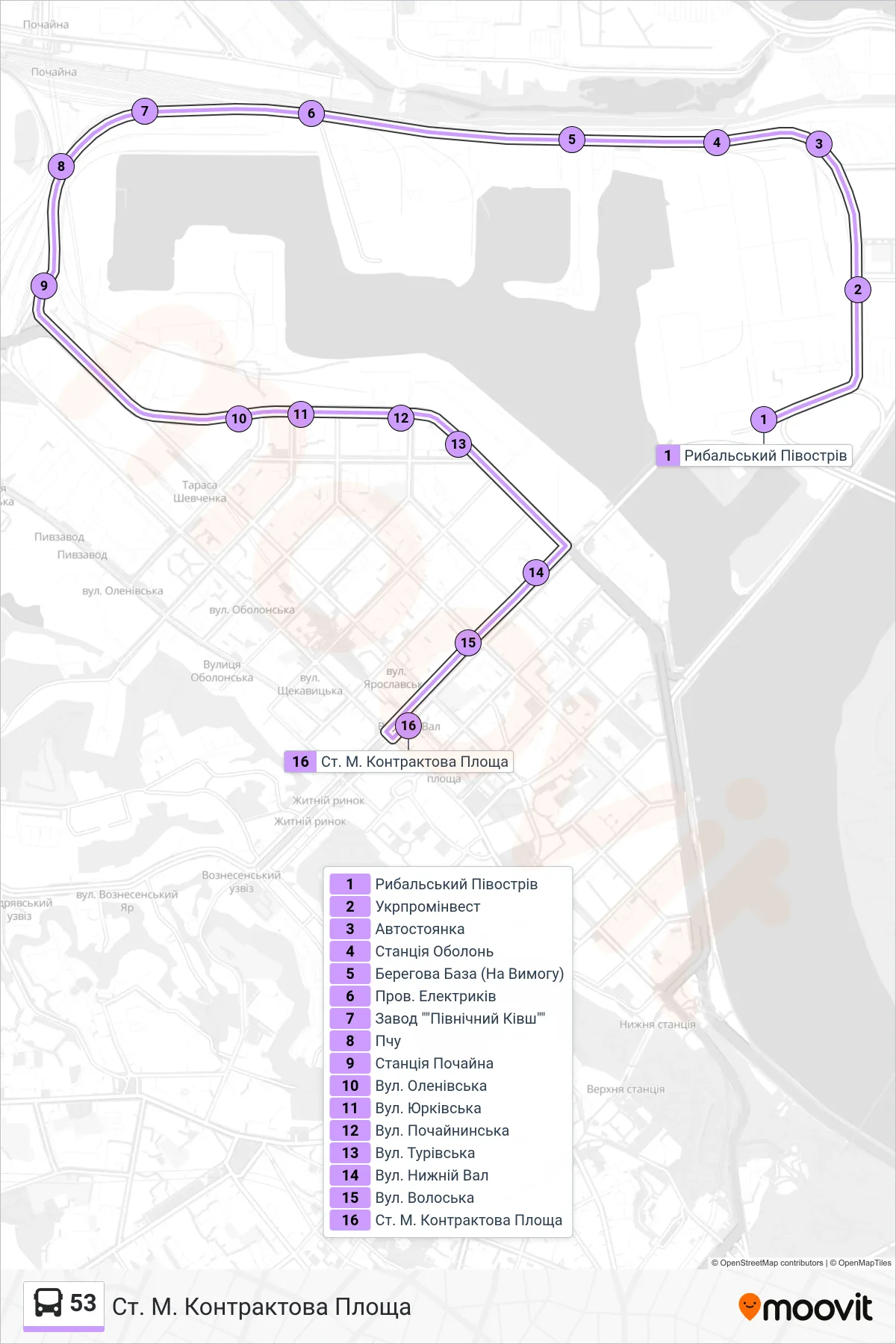 53 bus Line (Kontraktova Ploshcha Metro Station) route and stops on a map