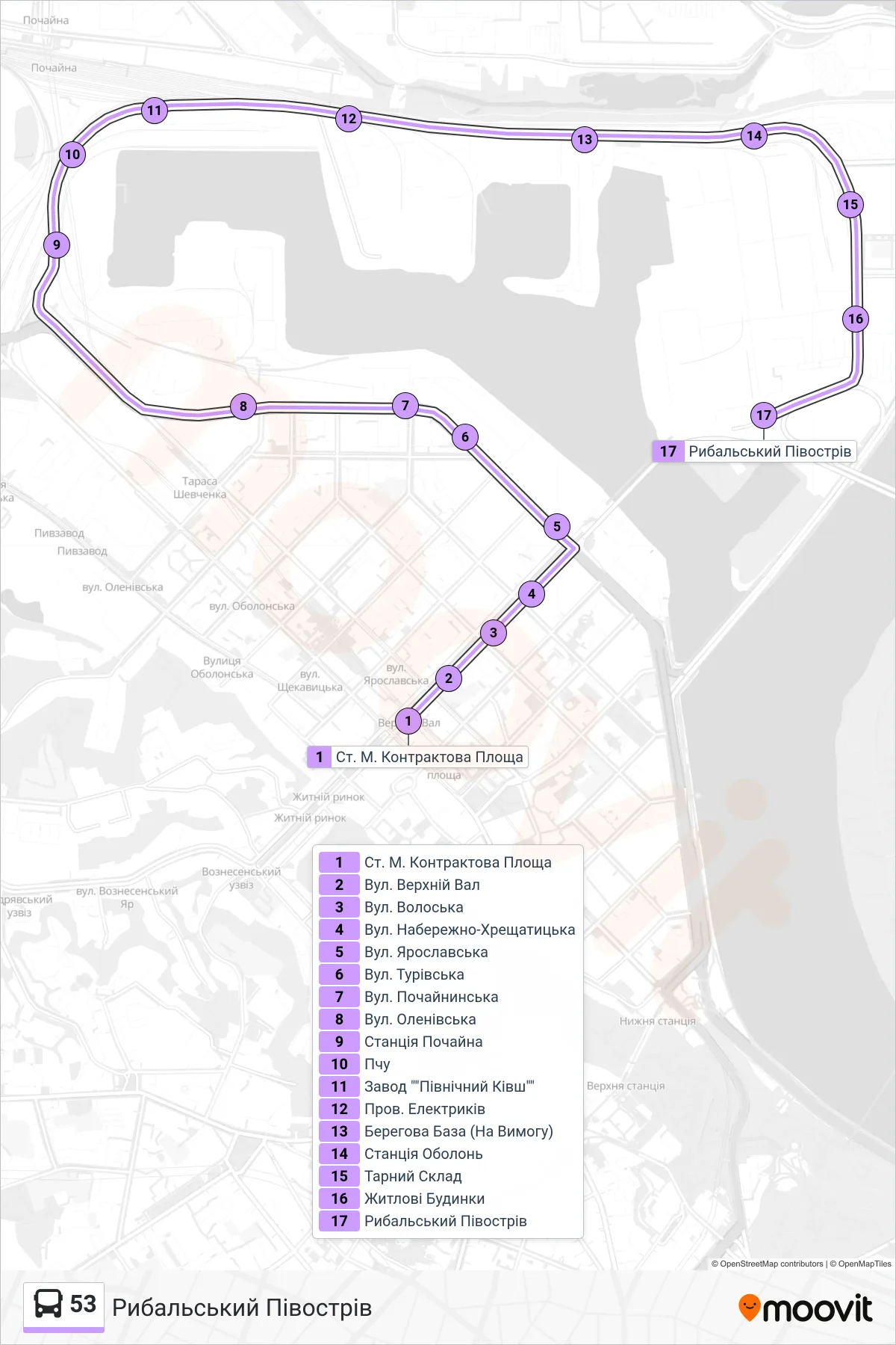 53 bus Line (Rybalskyi Peninsula) route and stops on a map