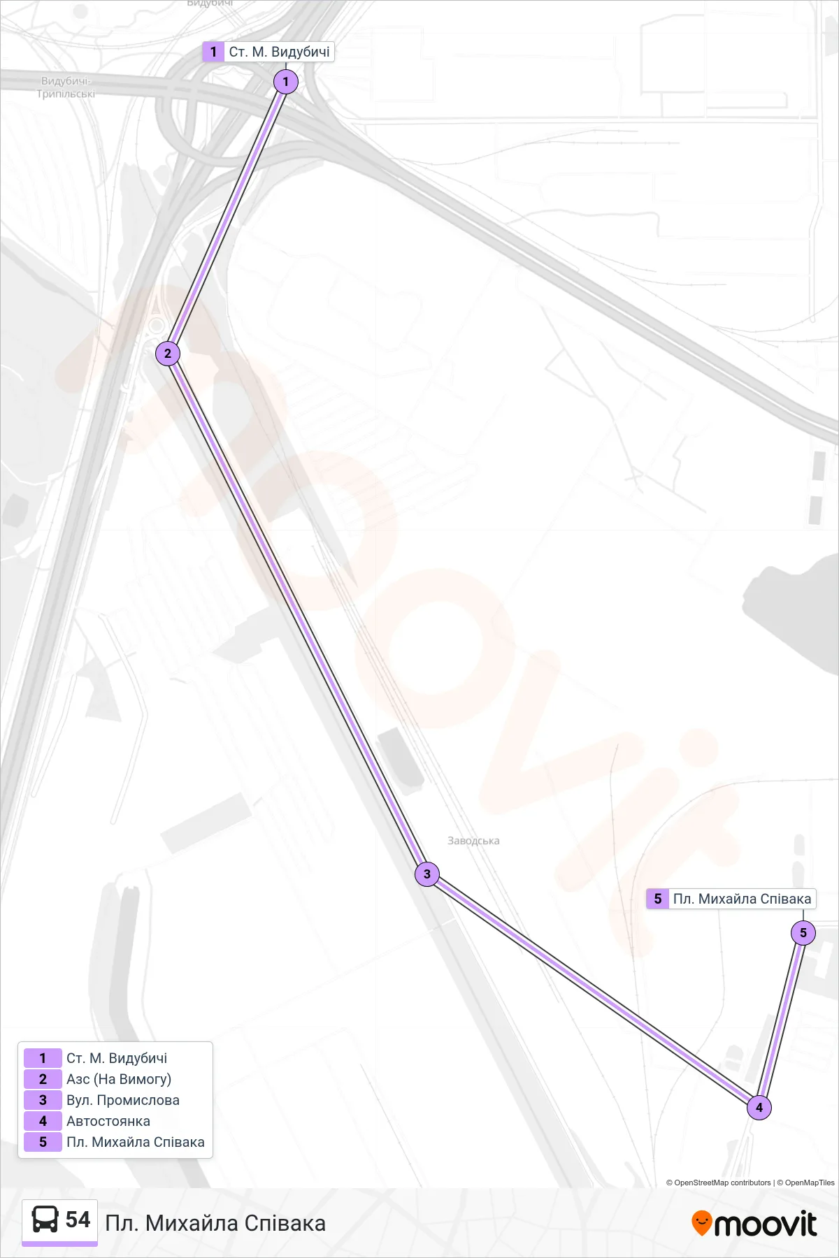 54 bus Line (Mykhailo Spivak Square) route and stops on a map