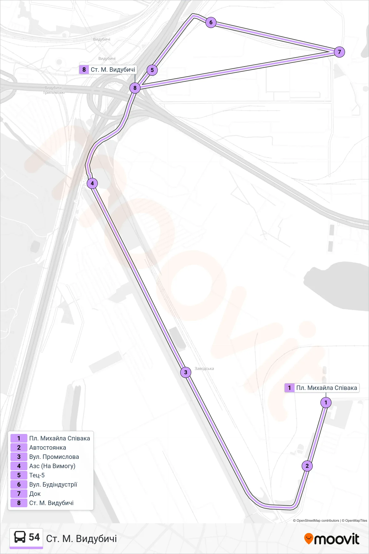 54 bus Line (Vydubychi Metro Station) route and stops on a map