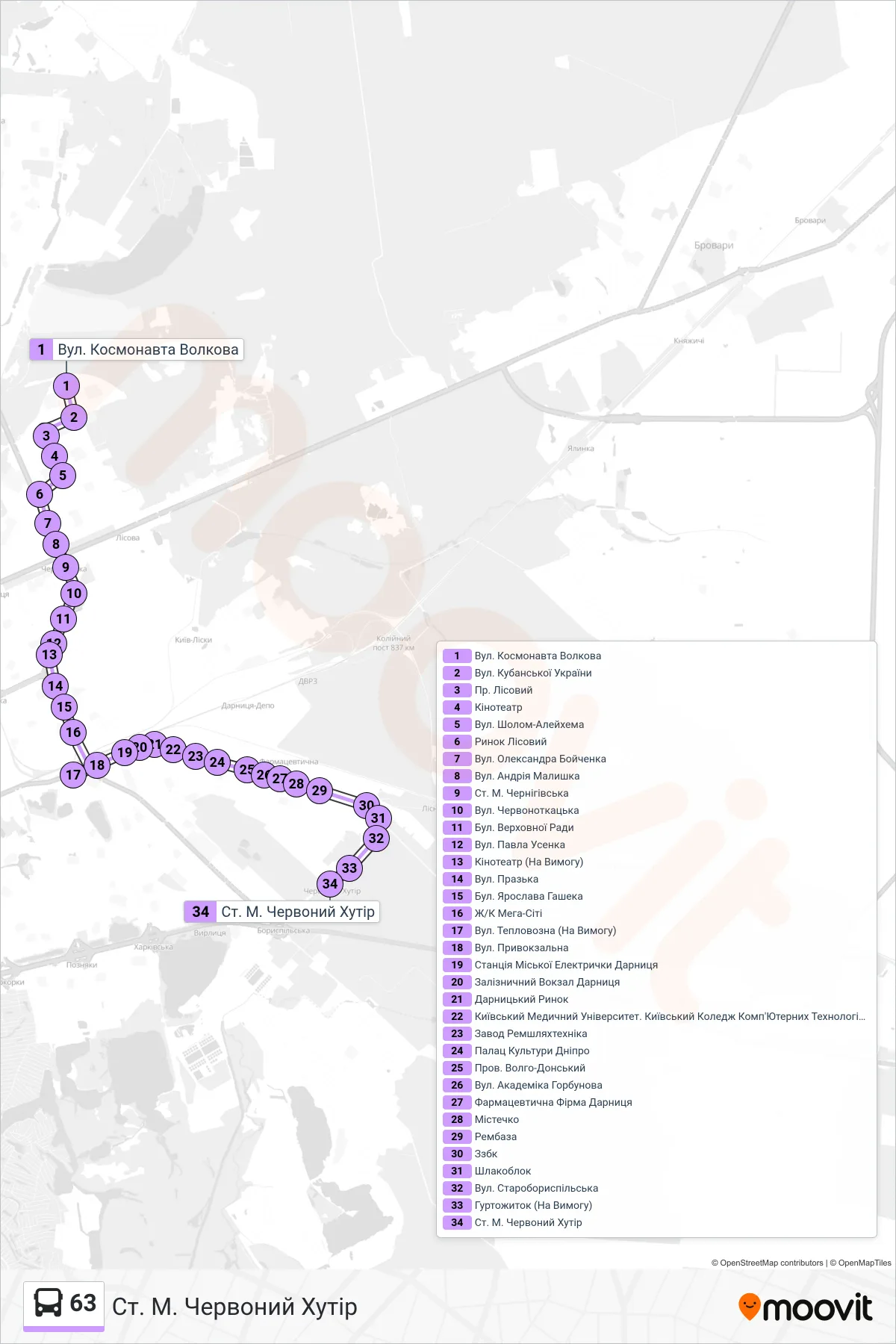 63 bus Line (Chervonyi Khutir Metro Station) route and stops on a map