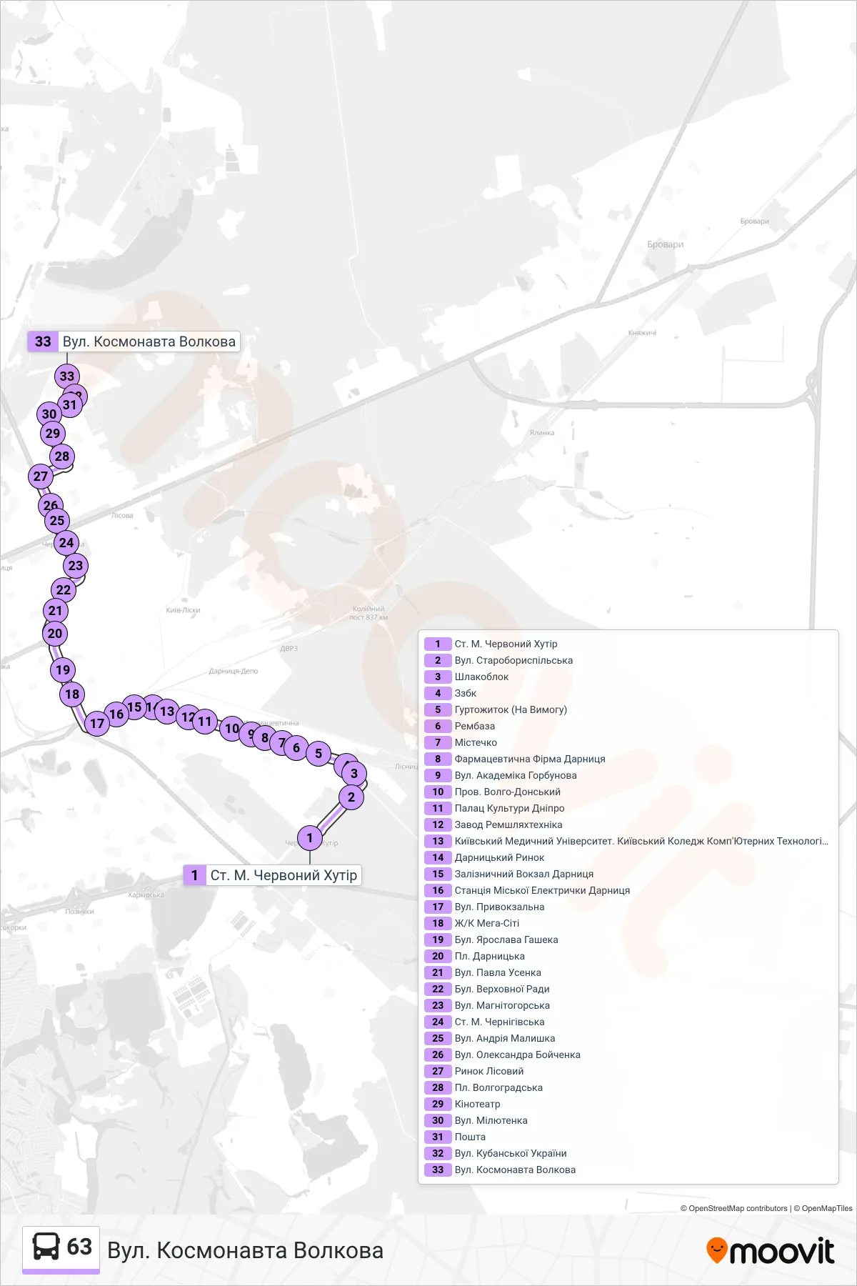 63 bus Line (Kosmonavta Volkova St.) route and stops on a map