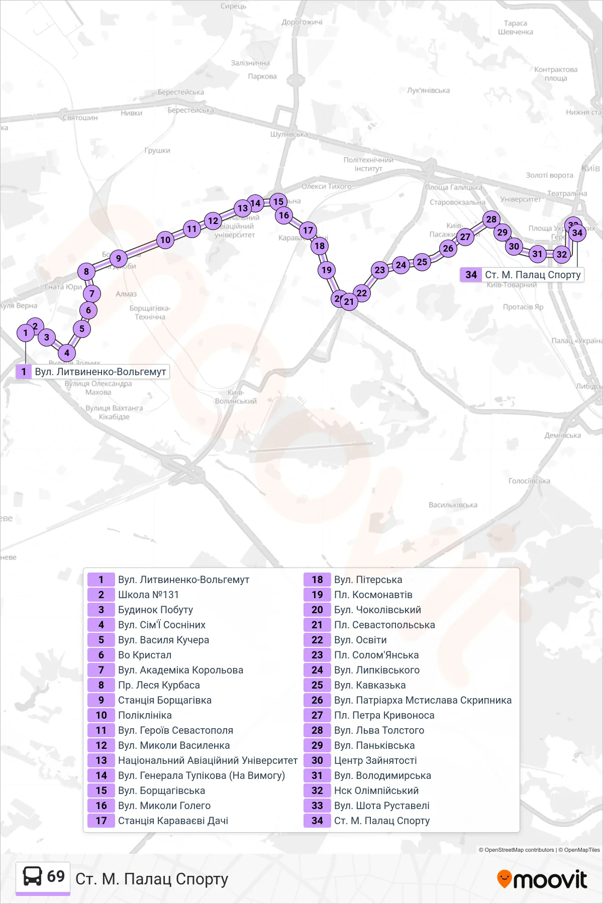 69 bus Line (Palace of Sports Metro Station) route and stops on a map
