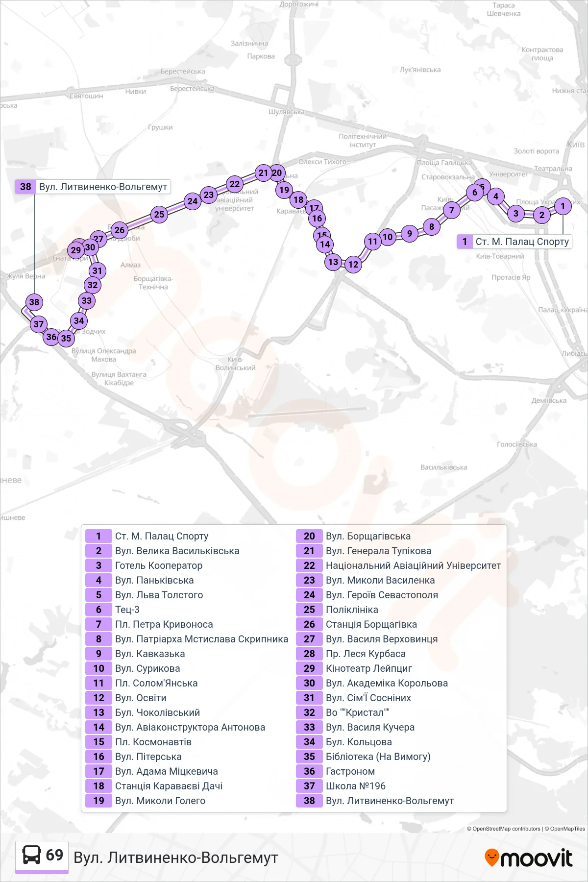 69 bus Line (Lytvynenko-Volhemut Street) route and stops on a map