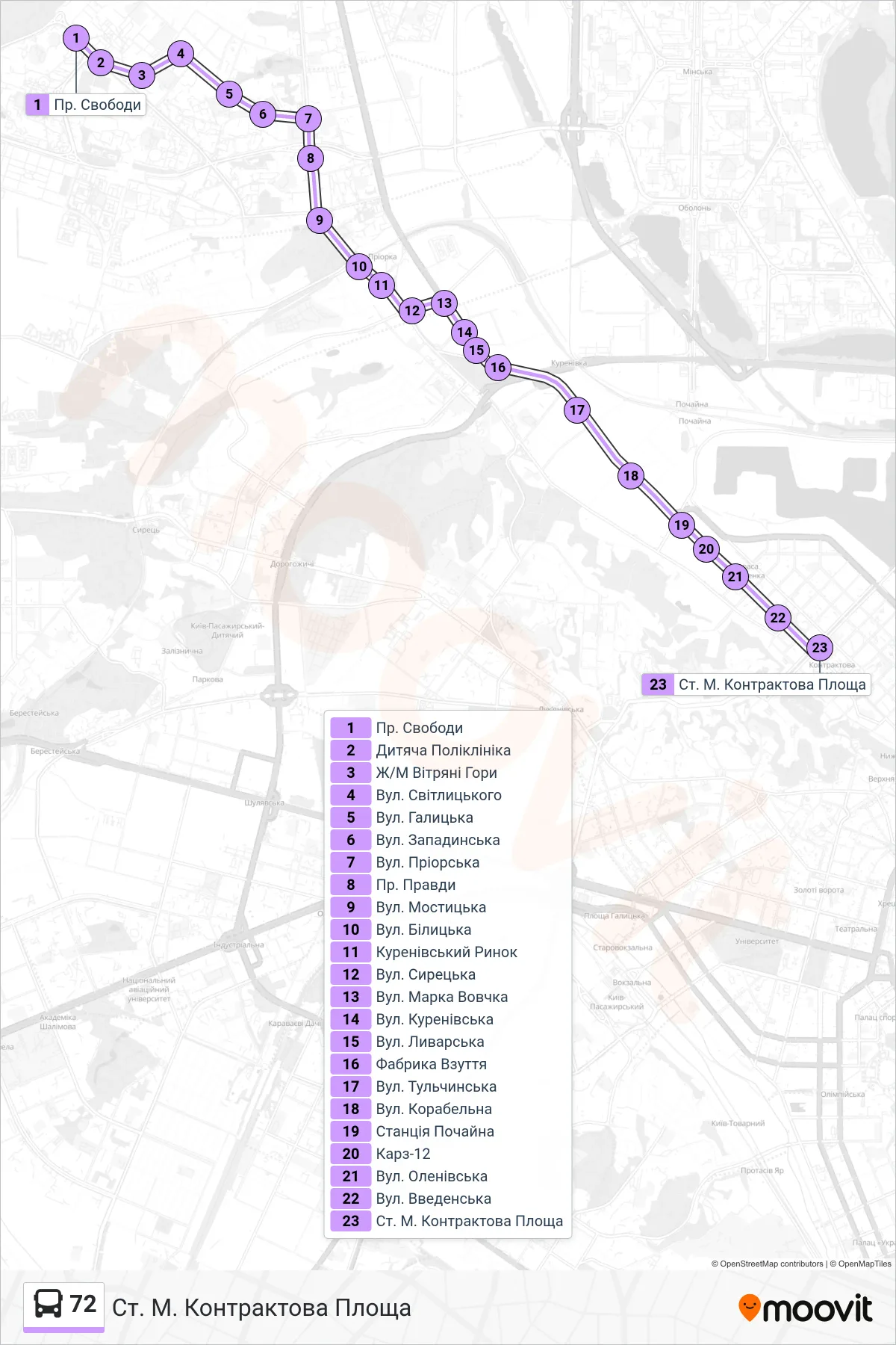 72 bus Line (Kontraktova Ploshcha Metro Station) route and stops on a map