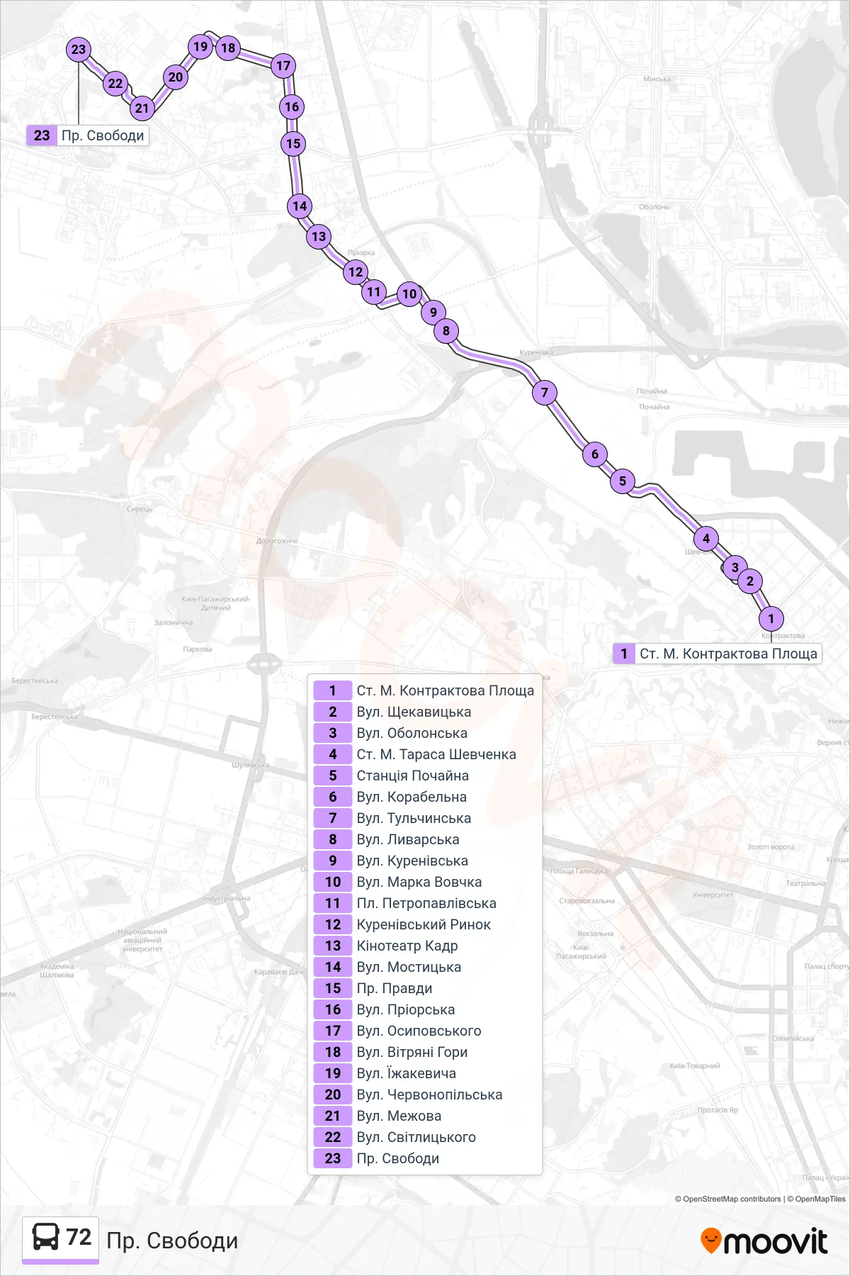 72 bus Line (Svobody Ave) route and stops on a map
