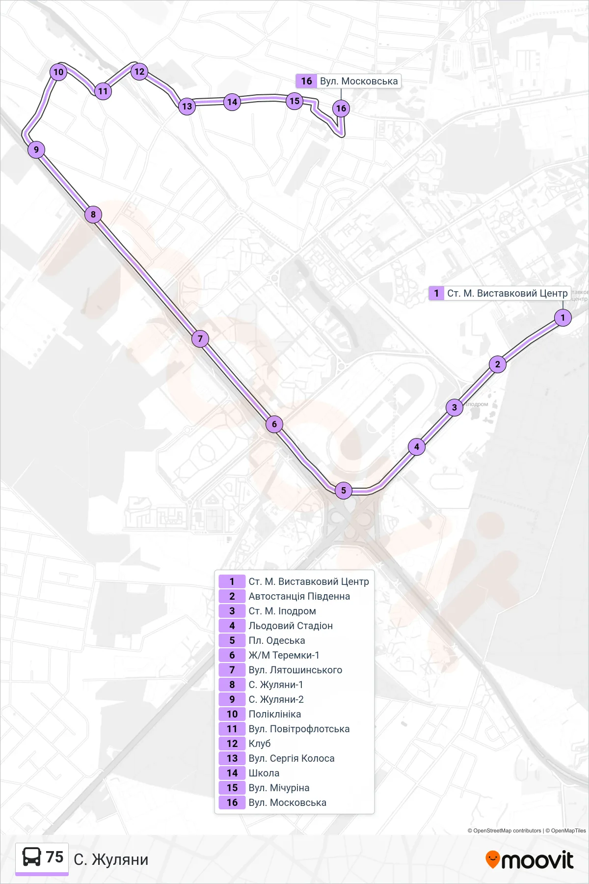 75 bus Line (Zhuliany Village) route and stops on a map