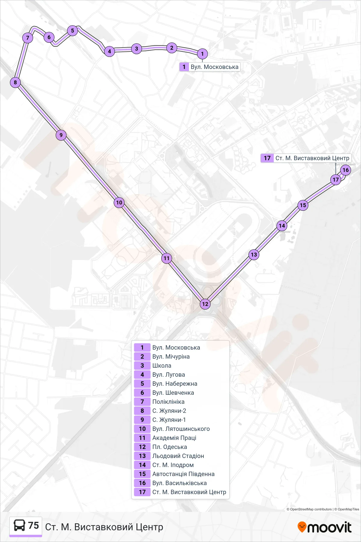 75 bus Line (Metro Station Exhibition Center) route and stops on a map