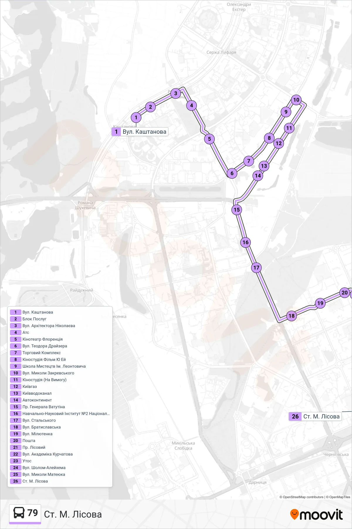 79 bus Line (Metro Lisova) route and stops on a map