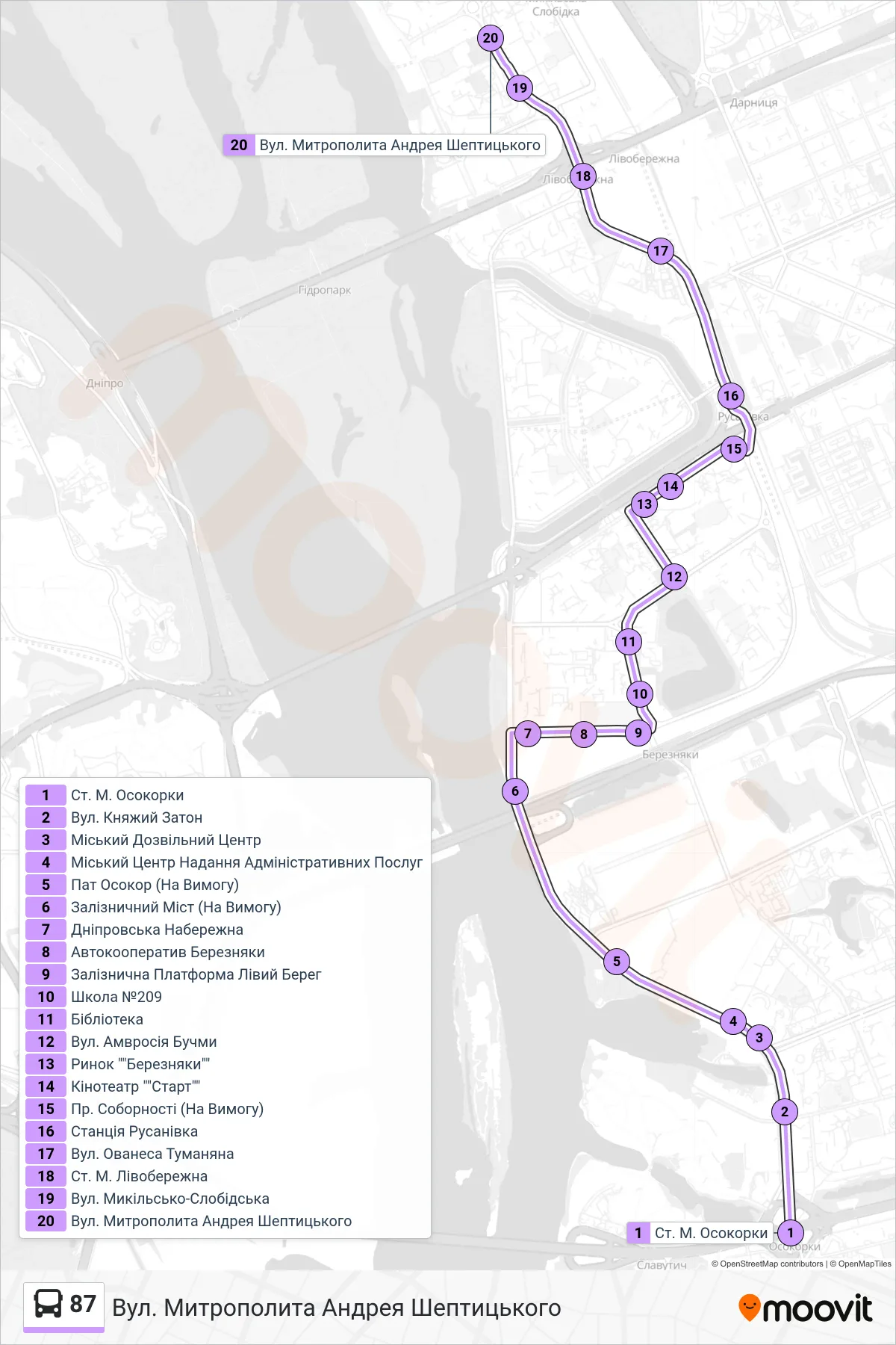 87 bus Line (Metropolitan Andrey Sheptytsky St) route and stops on a map