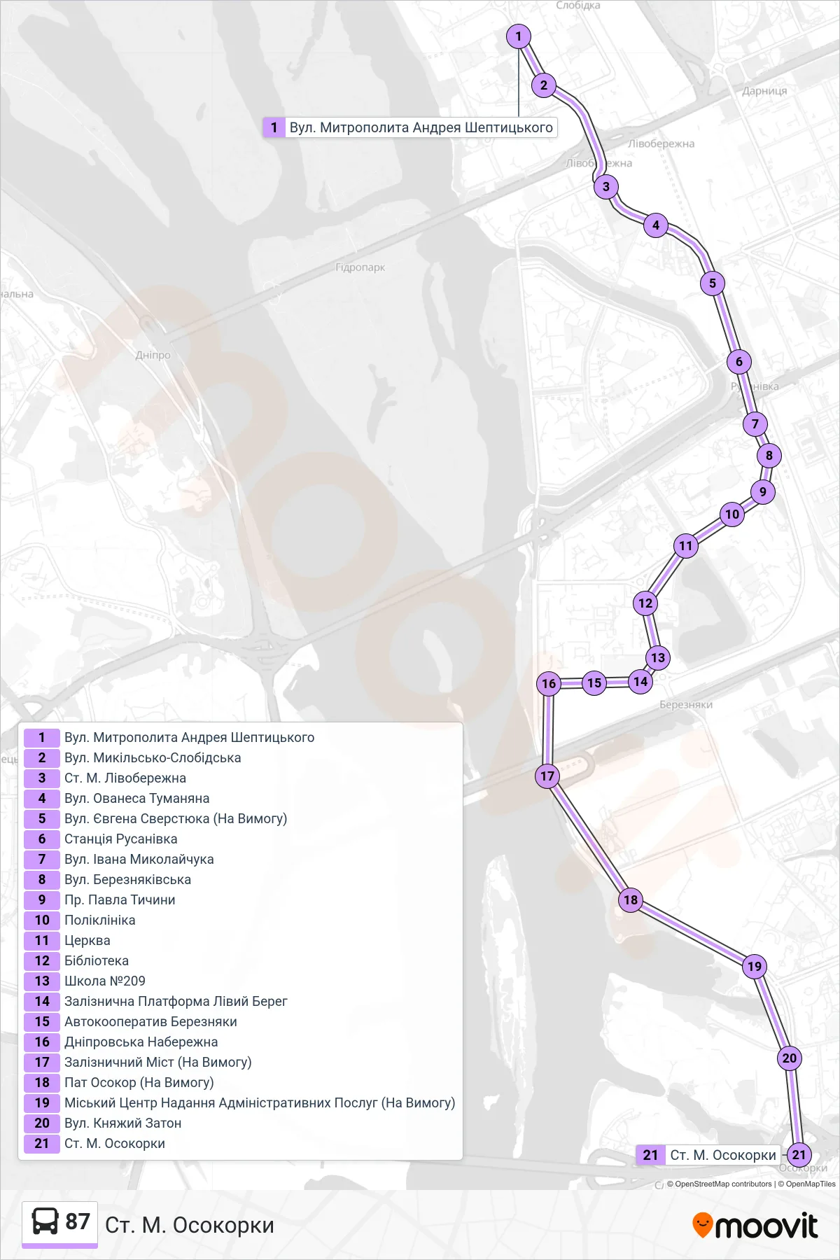 87 bus Line (Osokorky Metro Station) route and stops on a map