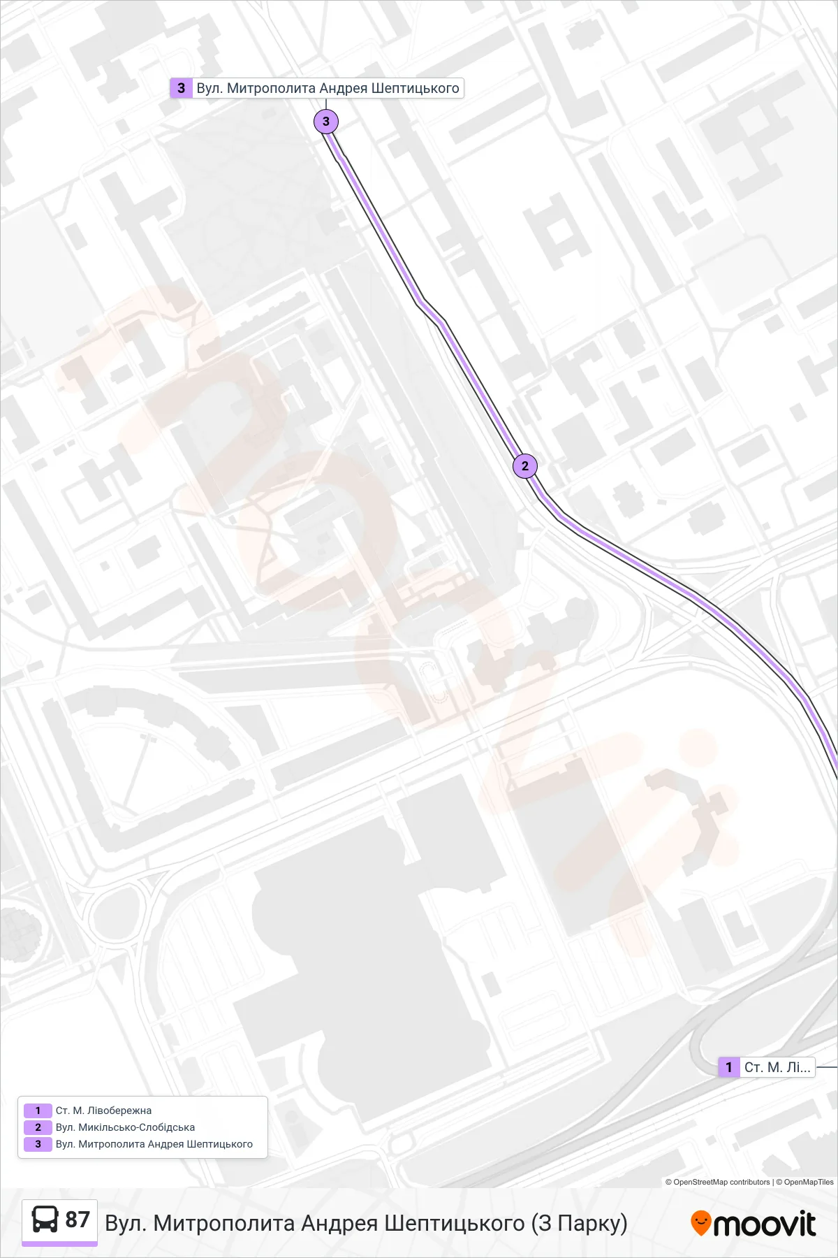 87 bus Line (Metropolitan Andrey Sheptytsky St (From Park)) route and stops on a map