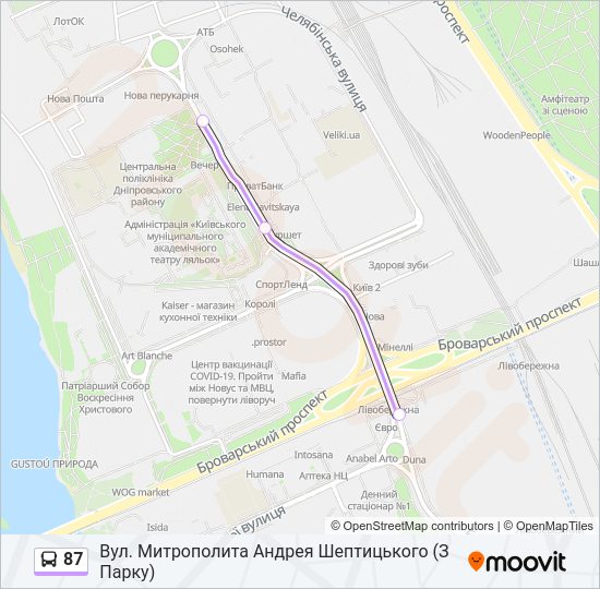 87 автобус Карта лінії