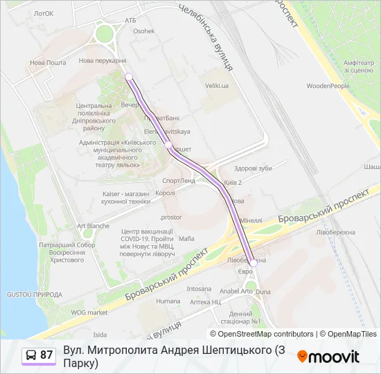 87 автобус Карта лінії