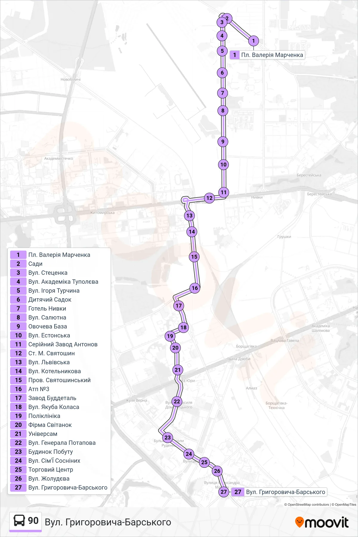 90 bus Line (Hryhorovycha-Barskoho St) route and stops on a map