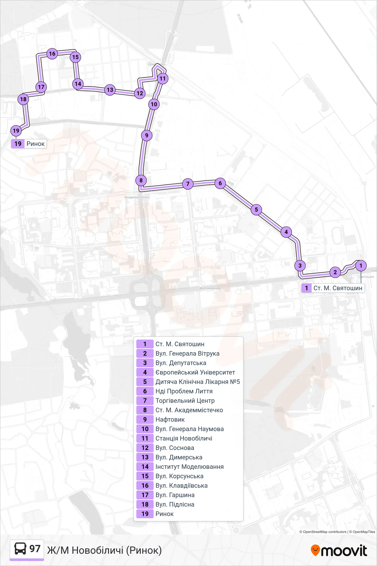 97 bus Line (Novobilychi District (Market)) route and stops on a map