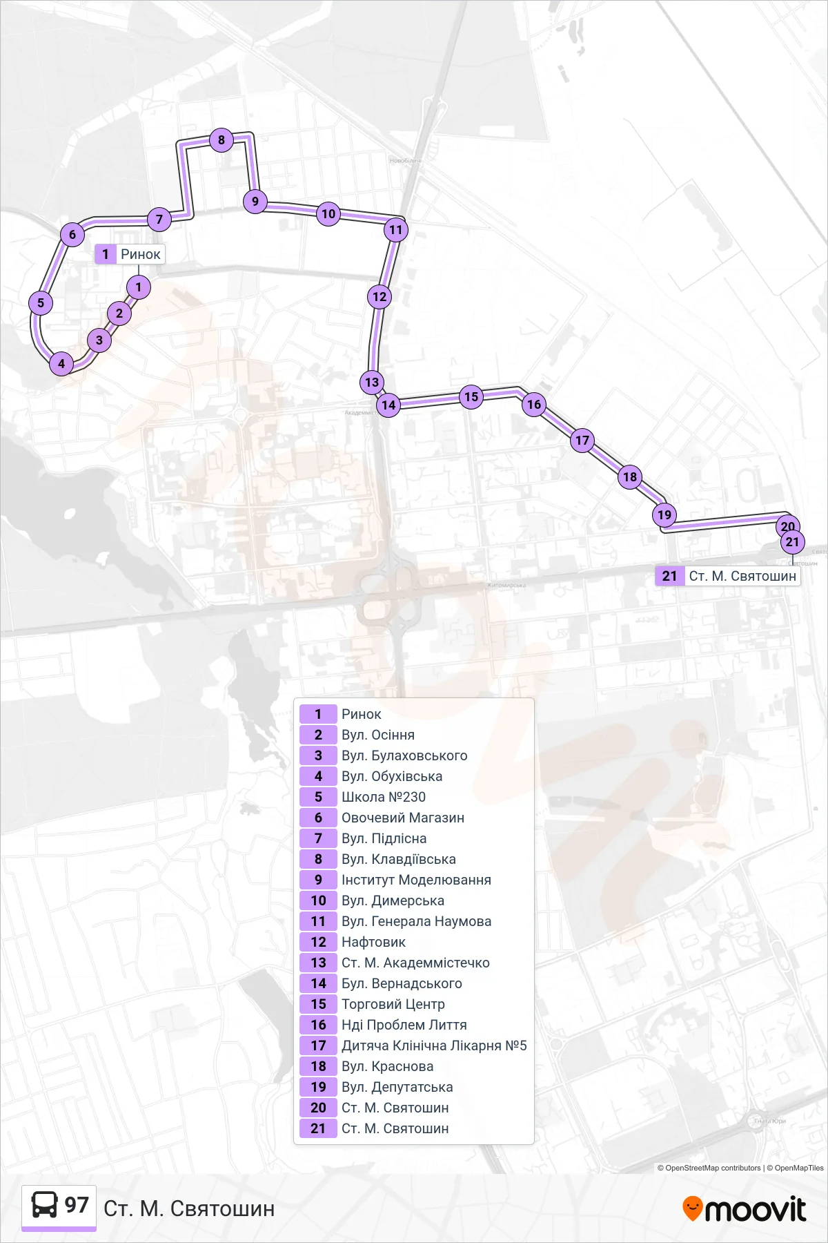 97 bus Line (Sviatoshyn Metro Station) route and stops on a map