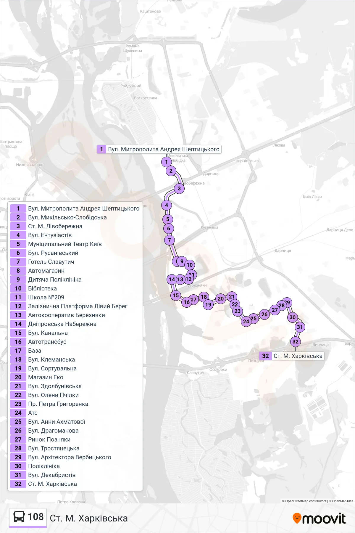 108 bus Line (Kharkivska Metro Station) route and stops on a map