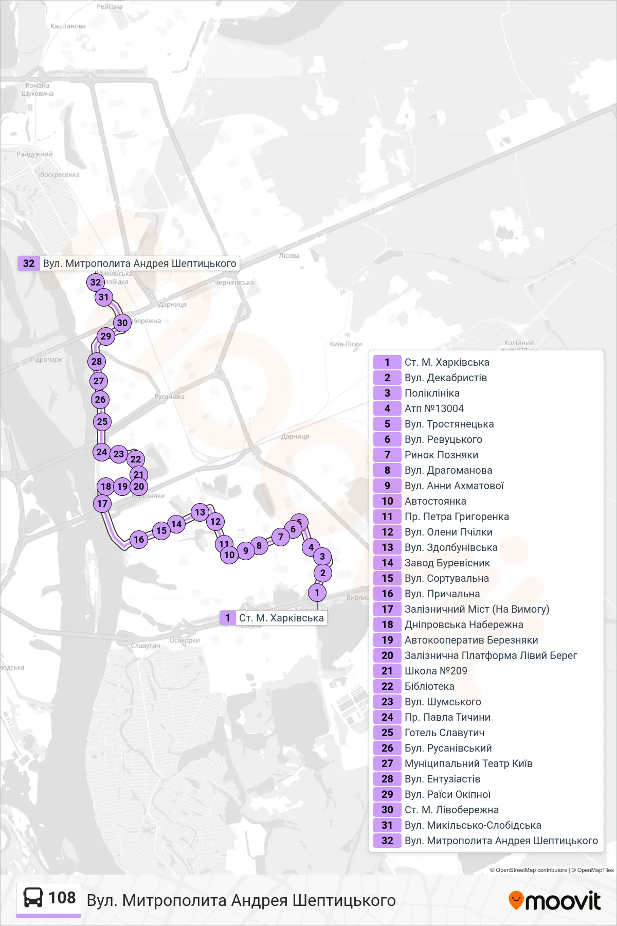 108 bus Line (Metropolitan Andrey Sheptytsky St) route and stops on a map