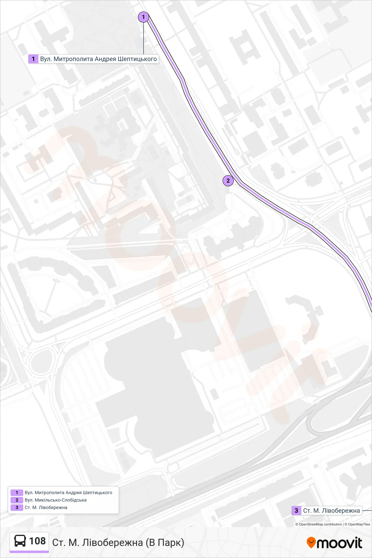 108 bus Line (Livoberezhna Metro Station (To Park)) route and stops on a map