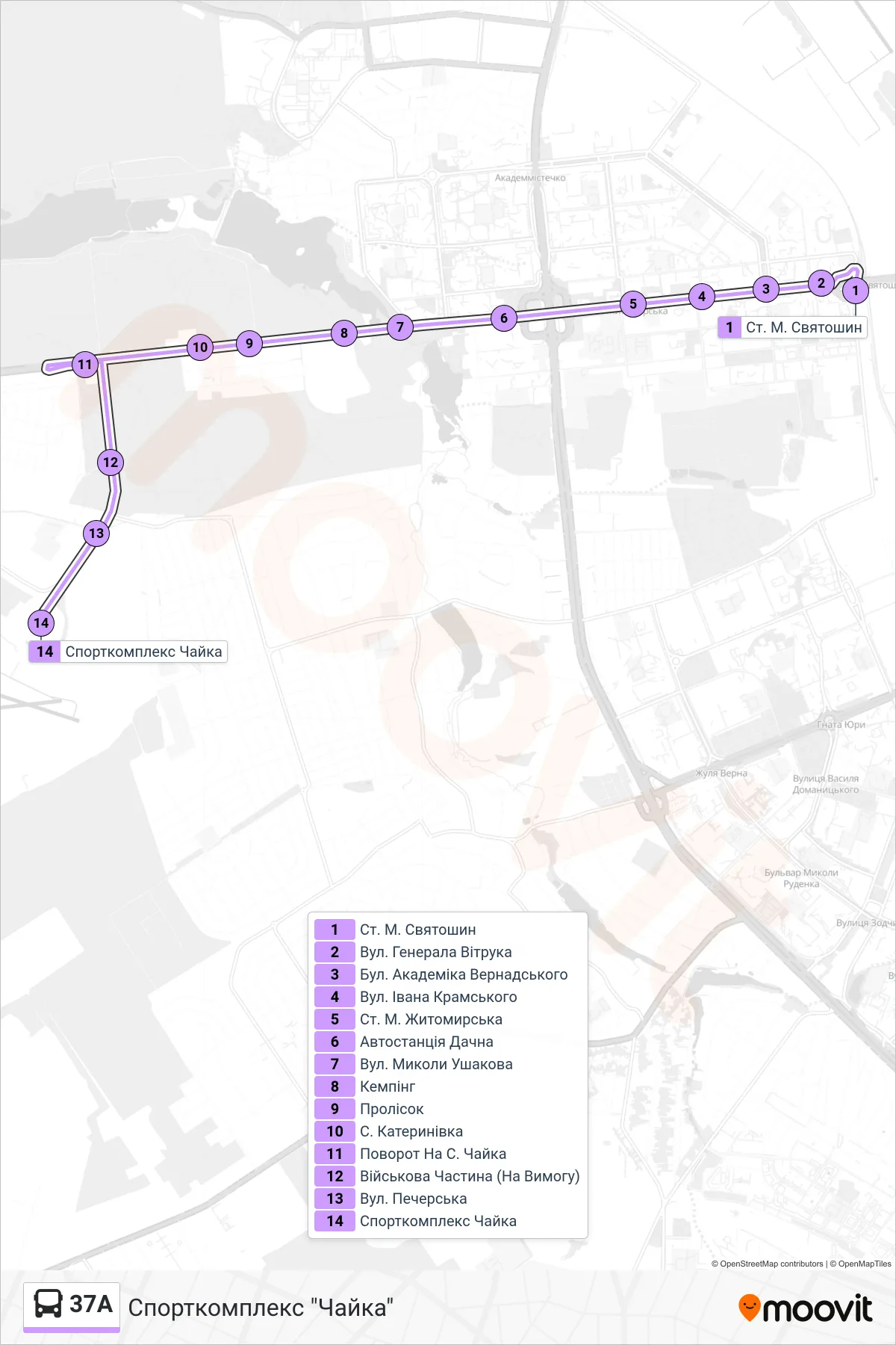 37A bus Line (Chaika Sports Complex) route and stops on a map