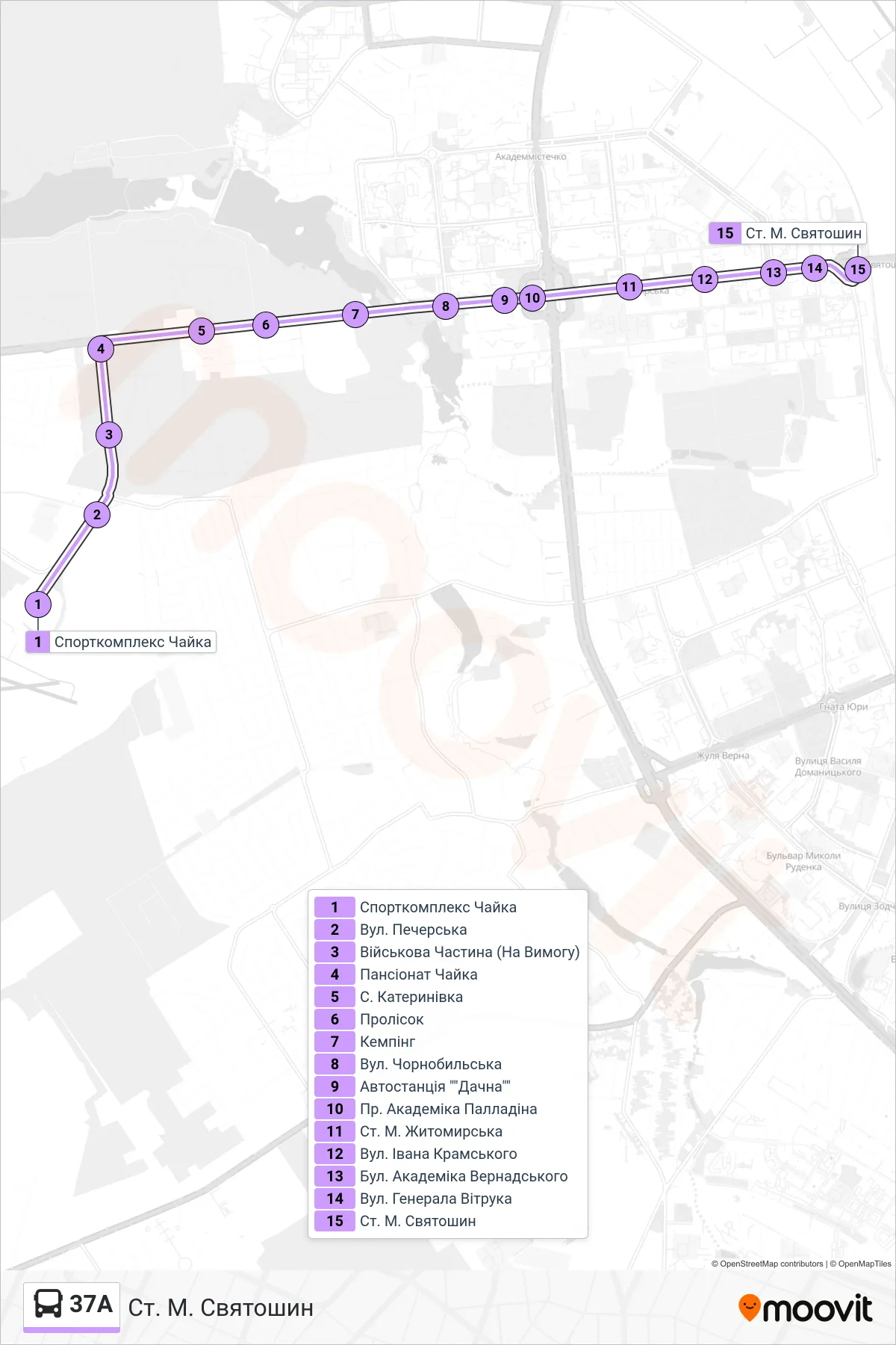 37A bus Line (Sviatoshyn Metro Station) route and stops on a map