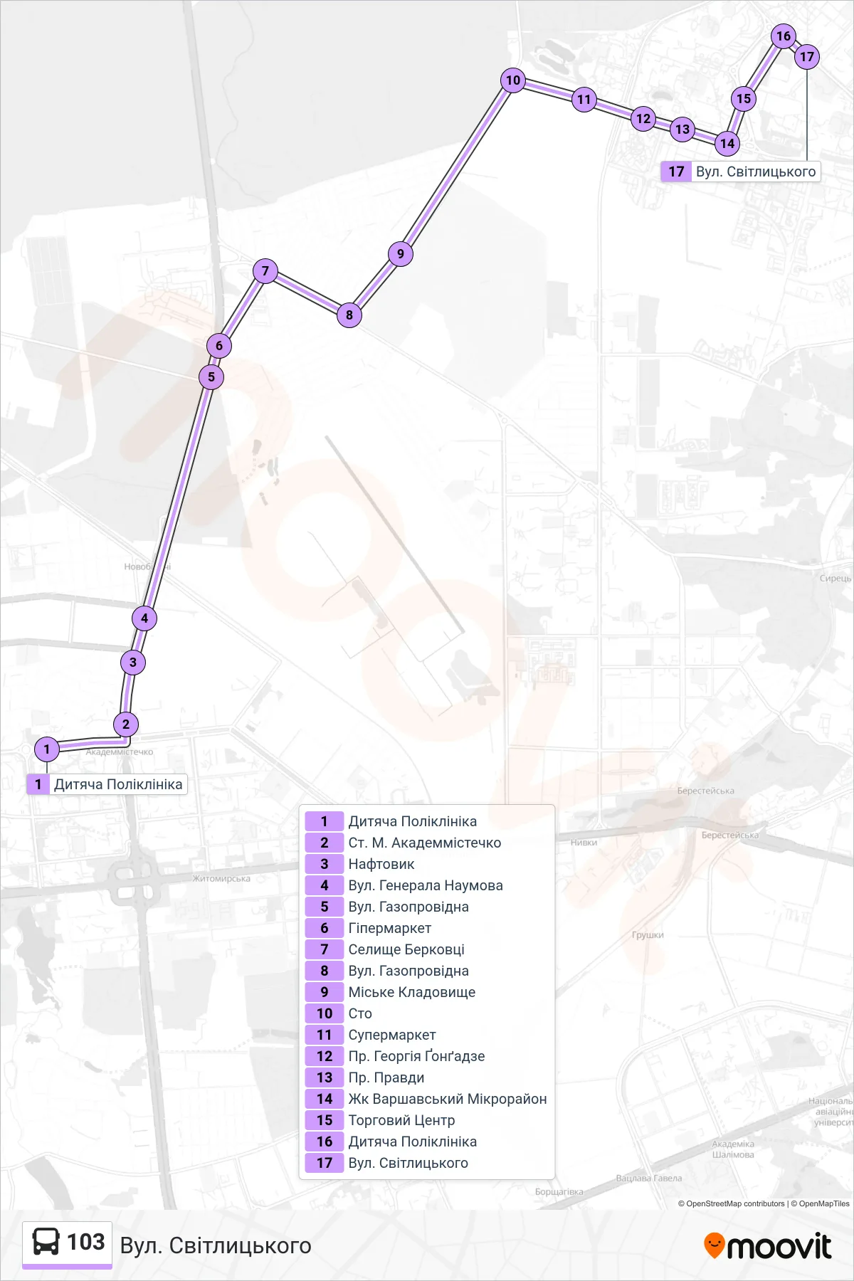 103 bus Line (Svitlytskoho St) route and stops on a map