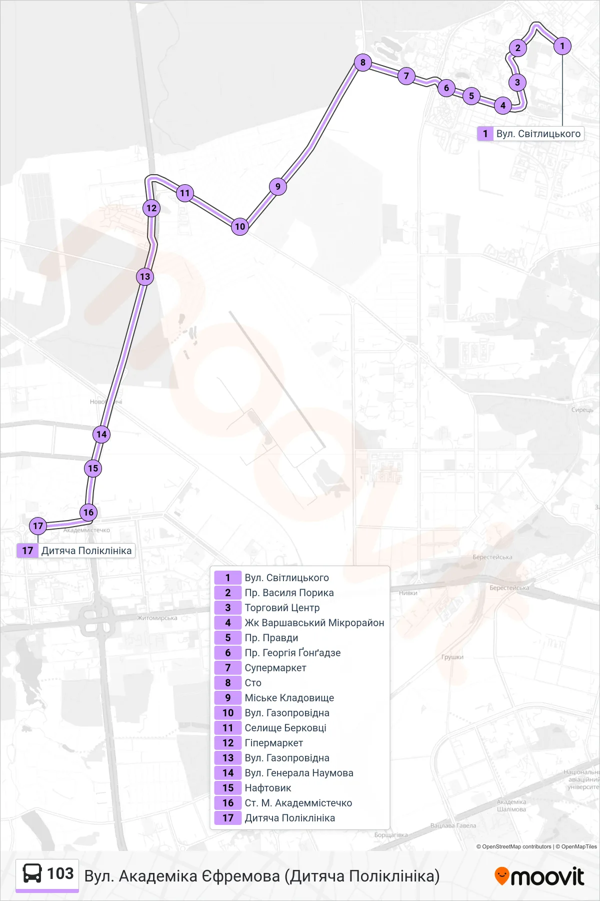 103 bus Line (Academician Yefremov St (Children's Clinic)) route and stops on a map