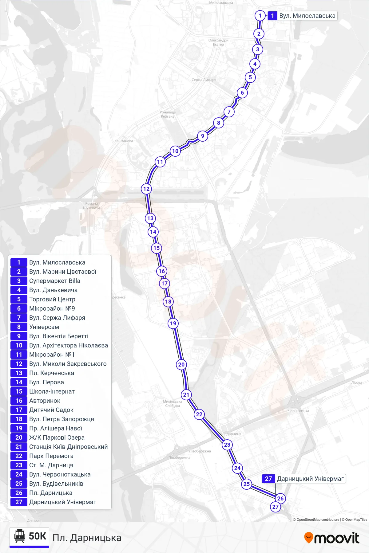 50K Trolleybus Line (Darnytska Square) route and stops on a map