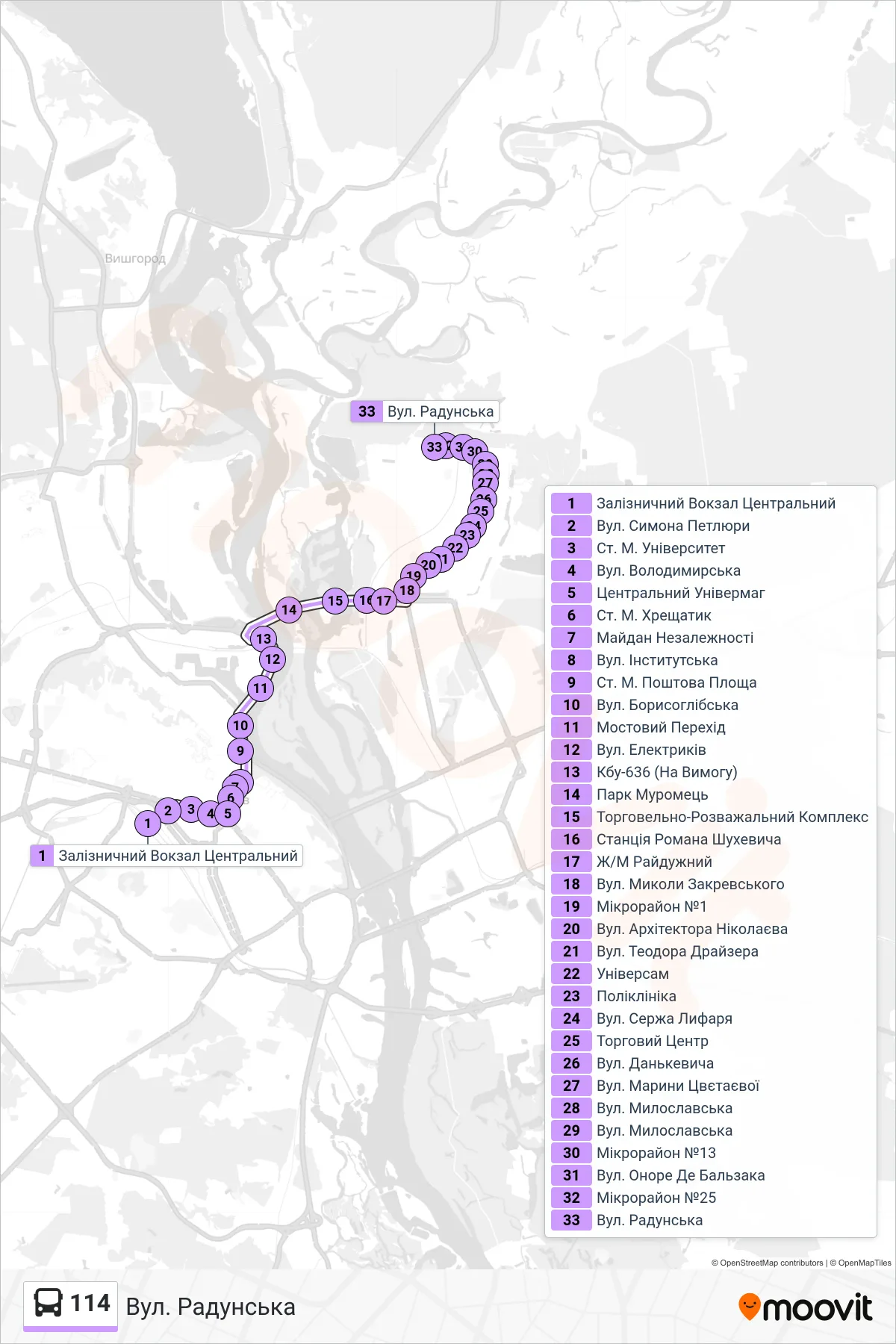 114 bus Line (Radunska Street) route and stops on a map