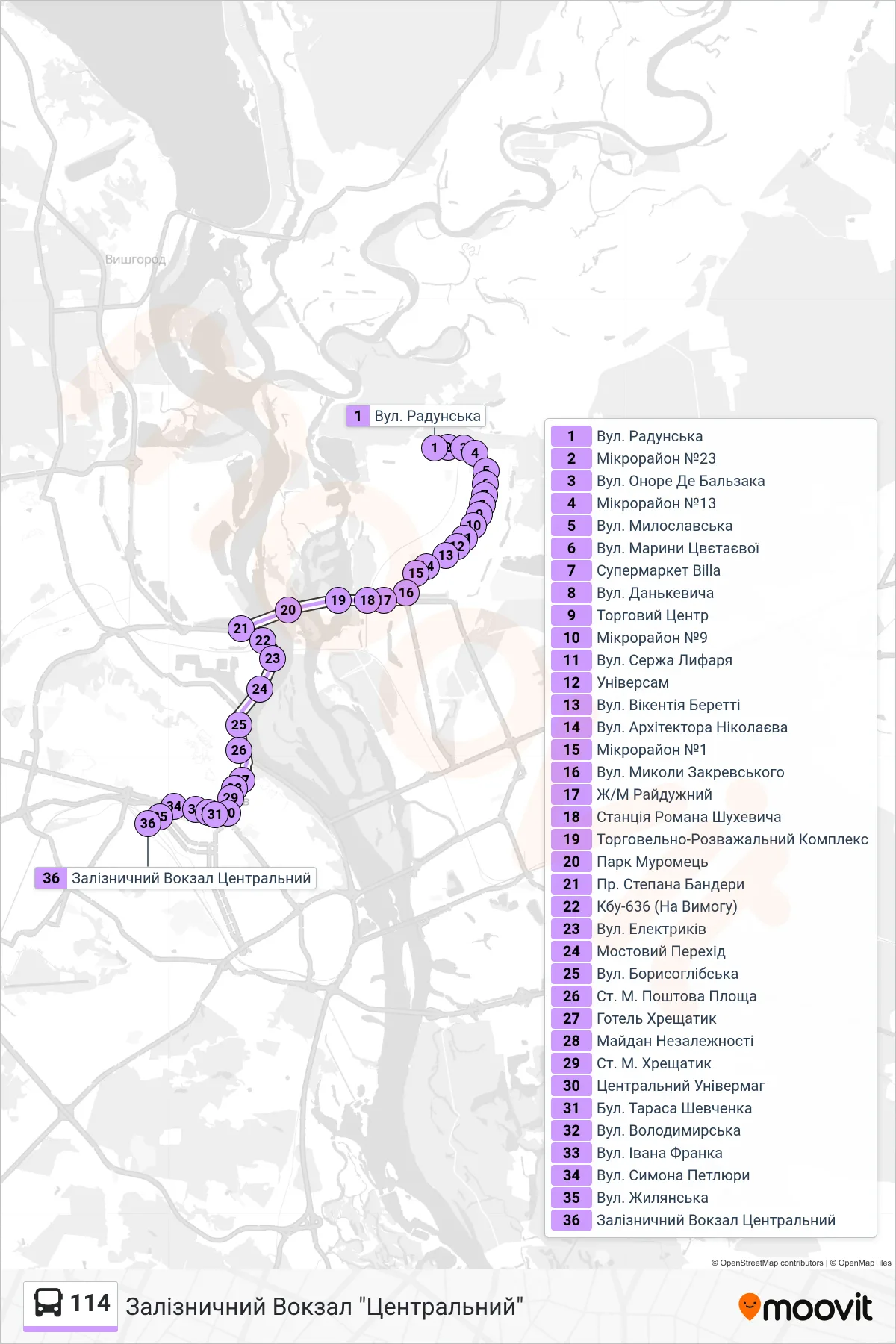 114 bus Line (Central Railway Station) route and stops on a map