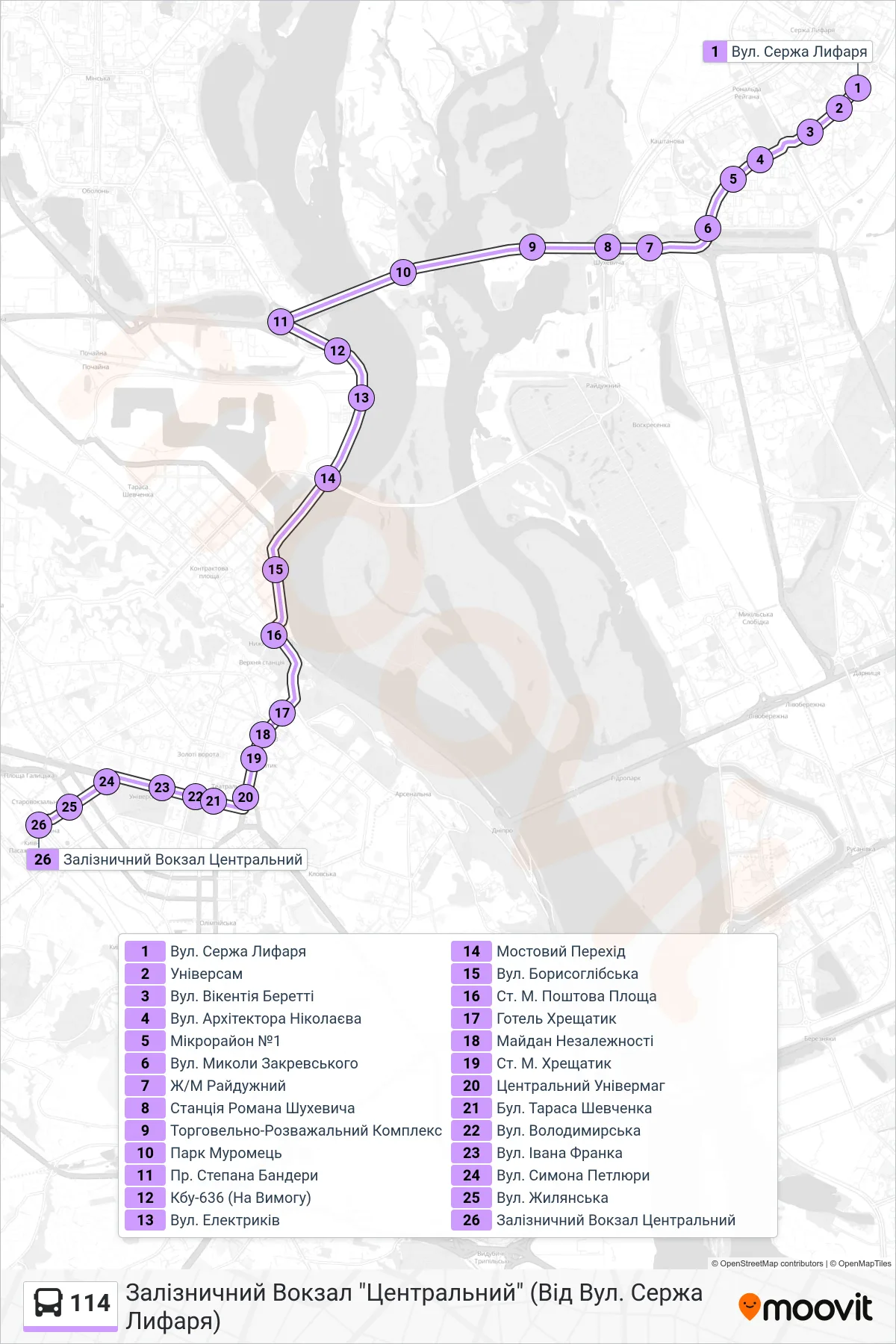 114 bus Line (Central Railway Station (From Serzh Lyfar Street)) route and stops on a map