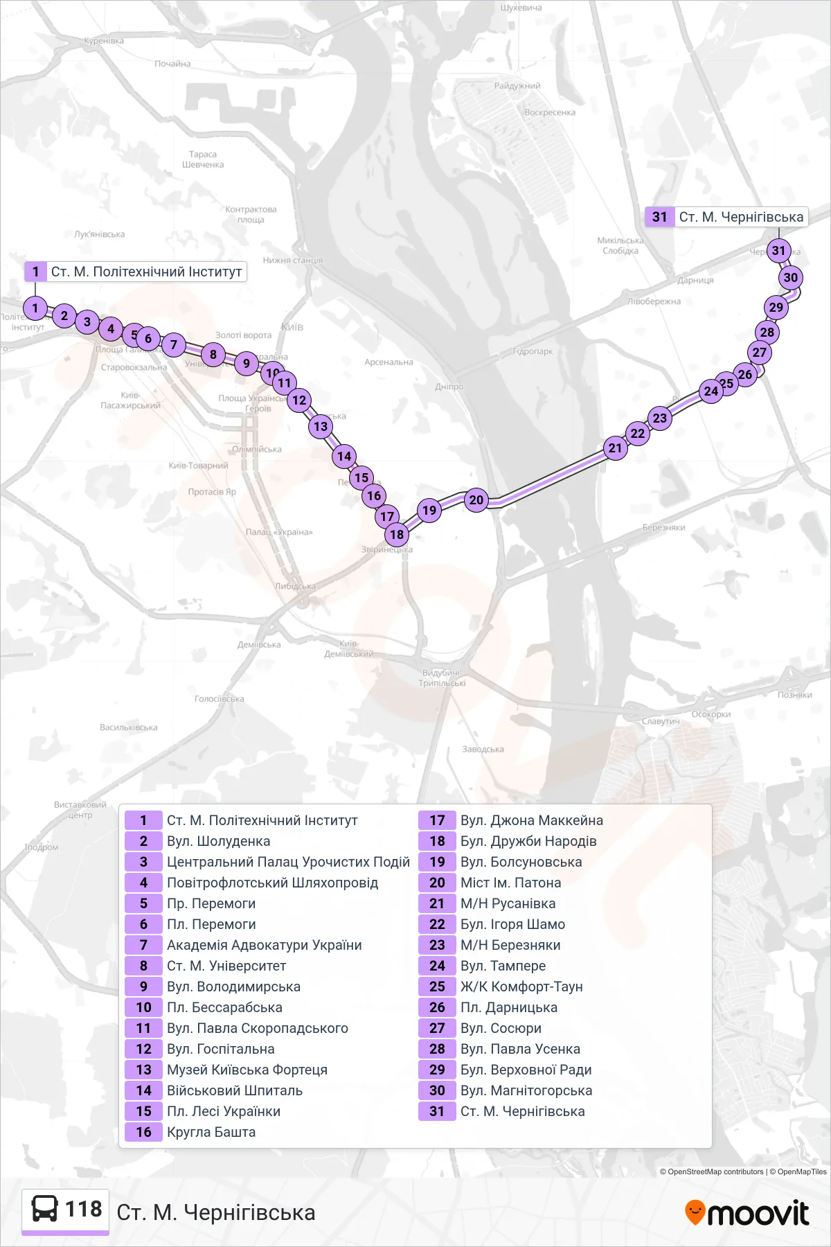 118 bus Line (Chernihivska Metro Station) route and stops on a map