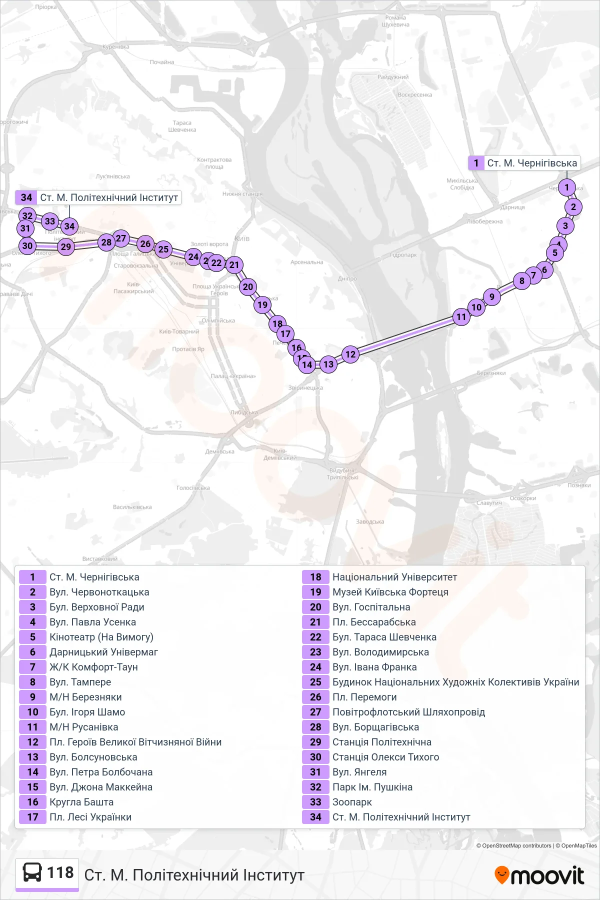 118 bus Line (Metro Station Polytechnic Institute) route and stops on a map