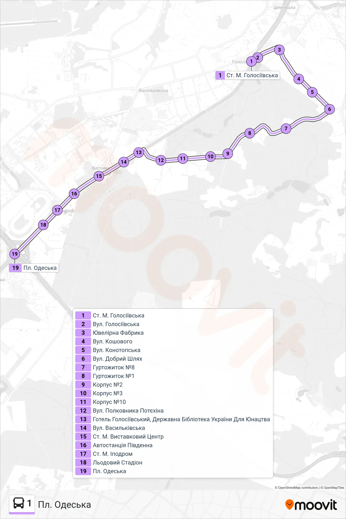 1 bus Line (Odeska Square) route and stops on a map